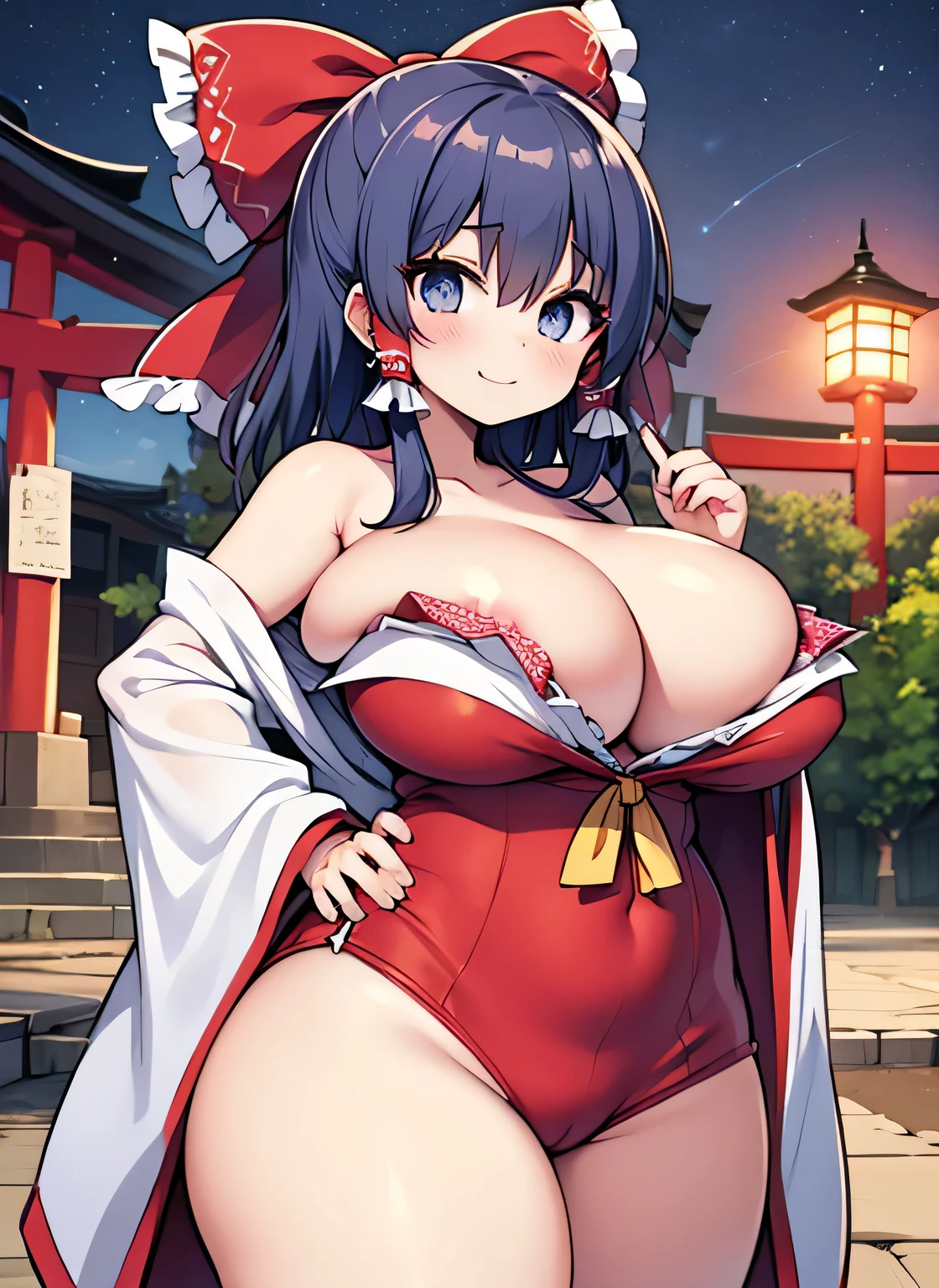 Anime illustration、highest quality、Reimu Hakurei、Perfect proportions、Large-scale shrine、Large Torii Gate、overwhelmingly big breasts、very thick thighs、Beautiful, shining eyes、Cowboy Shot、smile、Noise Reduction
