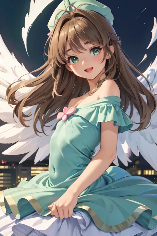 masterpiece, best quality, ultra detailed, highres, extremely detailed CG unity 8k wallpaper, perfect lighting, very detailed background, beautiful and aesthetic,sharp focus, perfect face, dynamic pose, dynamic angle,
Perfect hands、Perfect Fingers、Perfect toes、Five fingers、
1girl, upper body, (portrait:1.1), looking at viewer, full-face blush, from side, from below, smile,Open your mouth、Pink Lips、
night、Megacity、building、
light blue Dress、
(Shoulder Bare:1.5)、(Off the shoulder:1.4)、(flat chest:1.4)、Belly button、
light brown hair、(Green Eyes:1.4)、
Cardcaptor_Sakura、
