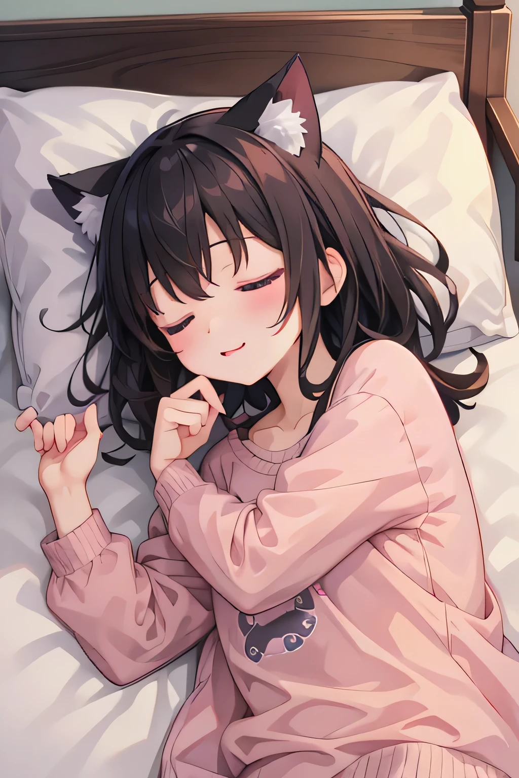 highest quality、Sleeping、bed、Cat ear、Short black hair、pajamas