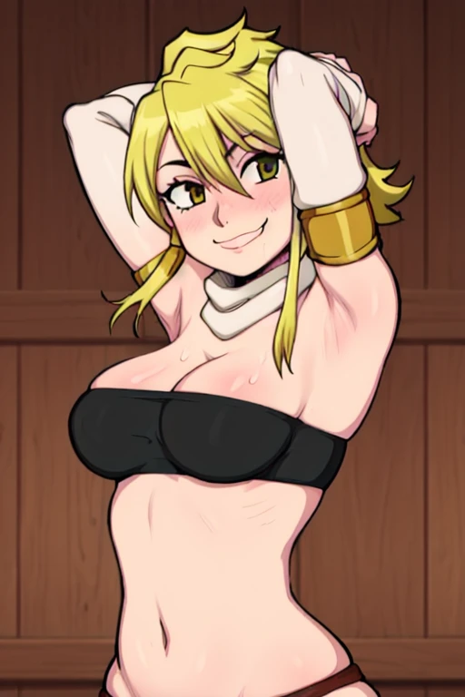 masterpiece, best quality, leone, looking at viewer, very large breasts, upper body, portrait, looking at viewer, seductive smile,put your hands behind your head, armpits, armpits visible, sweaty armpits, short hair, yellow hair, wearing black bra