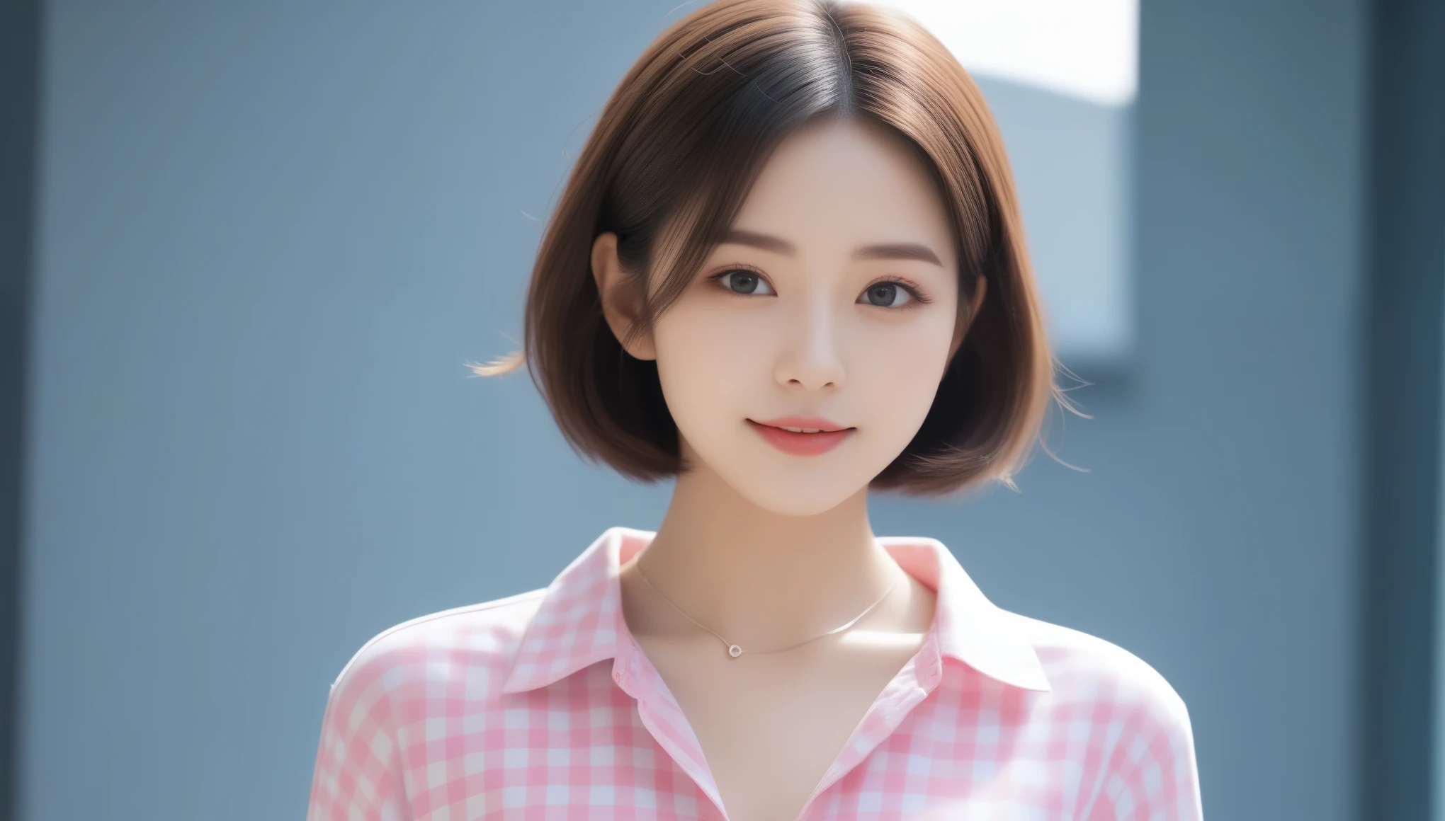8K, 超High resolution, highest quality, masterpiece, 超Realisticな, photograph, 1 girl, (16 years old:1.3), pretty girl, Cute face, Beautiful eyes in every detail, Japan Female Announcer、(Head to toe full body shot:1.5),(18-year-old female),((White mini skirt:1.5)), (The best quality in the best condition:1.4), (非常にdetailed), (非常にdetailed CG unified 16k), Beautiful woman with perfect figure: 1.4, Sharp focus: 1.2, 非常にdetailed, 高品質のRAWカラーphotograph, プロのphotograph撮影, Great face and eyes, Beautiful eyelashes、(Amazingly beautiful girl),((Pink gingham check shirt:1.5)), Are standing, Sexy posture,(port:1.3), (View from below), Realistic movie faces, Realistic, ((Natural light brown hair color, Realistic blue eyes)),( Short Bobヘア:1.5), (necklace:1.5)、Very beautiful face, 完璧なモデルのbeauty, swelling of the mouth, 非常にdetailedな顔と肌の質感, double eyelid, Medium Chest, smile, (masterpiece), highest quality, High resolution, 非常にdetailed, Blurred Background, Cinema Lighting, Great legs, High heels, clear, Well-groomed skin,,Short Bob,Look at the audience、beauty,Long neck、Smile a little、Please close your mouth and laugh、(((Ideal body proportions))),A cup small breasts :2,Portraiture:2、Perfect Anatomy、Vivid details、detailed、超Realisticな、Light and shadow,Strong light,Fashion magazine cover,Thin lips