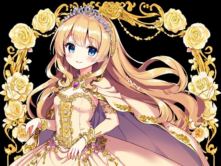 (kawaii),(best quality),(ultra detailed),(rococo style),(long train beige cape:1.15), very long cape,(long train beige ball gown with flower decorations), a girl is wearing a cape over her gown, 1 little princess, tiara with blue jewelry, smile, very long hair, small breasts, beautiful detailed eyes, beautiful detailed lips