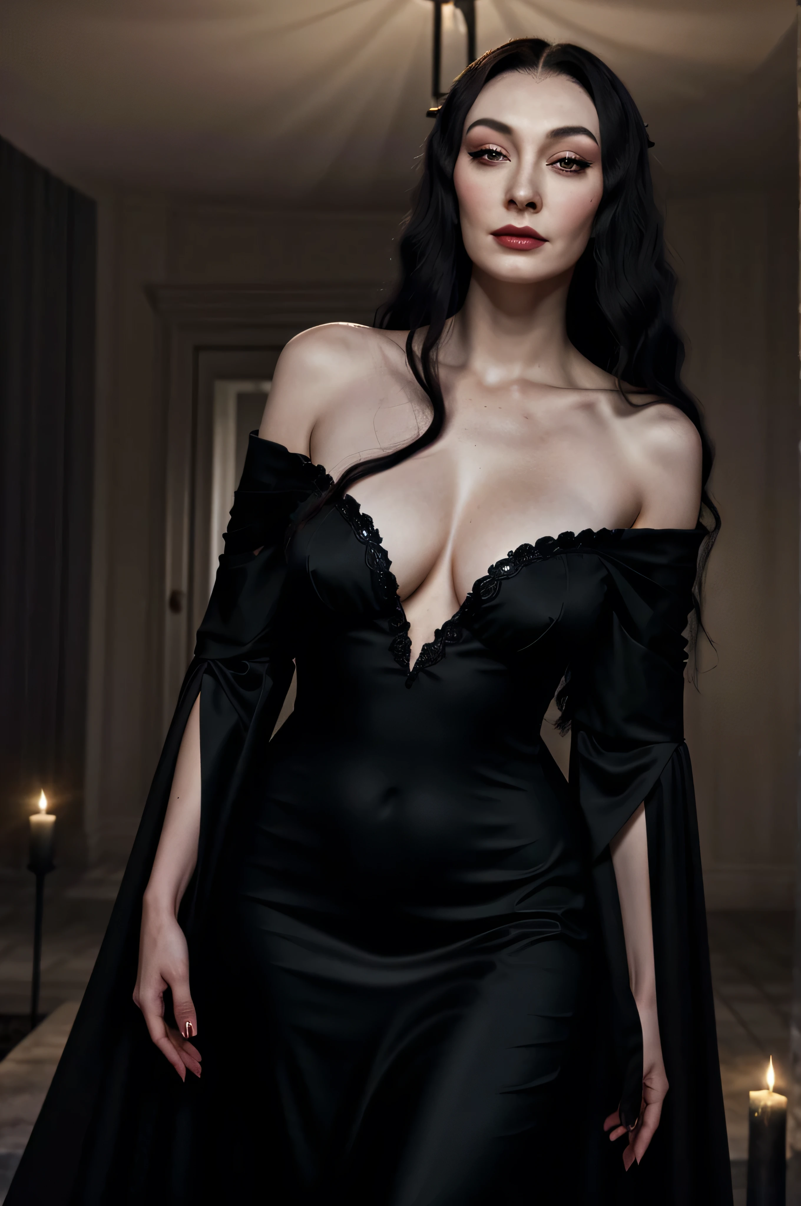 Carolyn Jones as Morticia Addams, clad in a lustrous black gown with voluminous sleeves, a seductive smirk playing upon her enchanting face, her raven curls cascading down her shoulders, beautifully framing her striking features, dazzlingly set against the dimly lit interior of the Addams Family mansion.

Anjelica Huston as Morticia Addams, exuding an alluring and mysterious aura, her elegant figure draped in a shiny black dress adorned with intricate patterns, her raven mane flowing around her shoulders, her enigmatic eyes sparkling with a hint of mischief, her seductive pout accent
