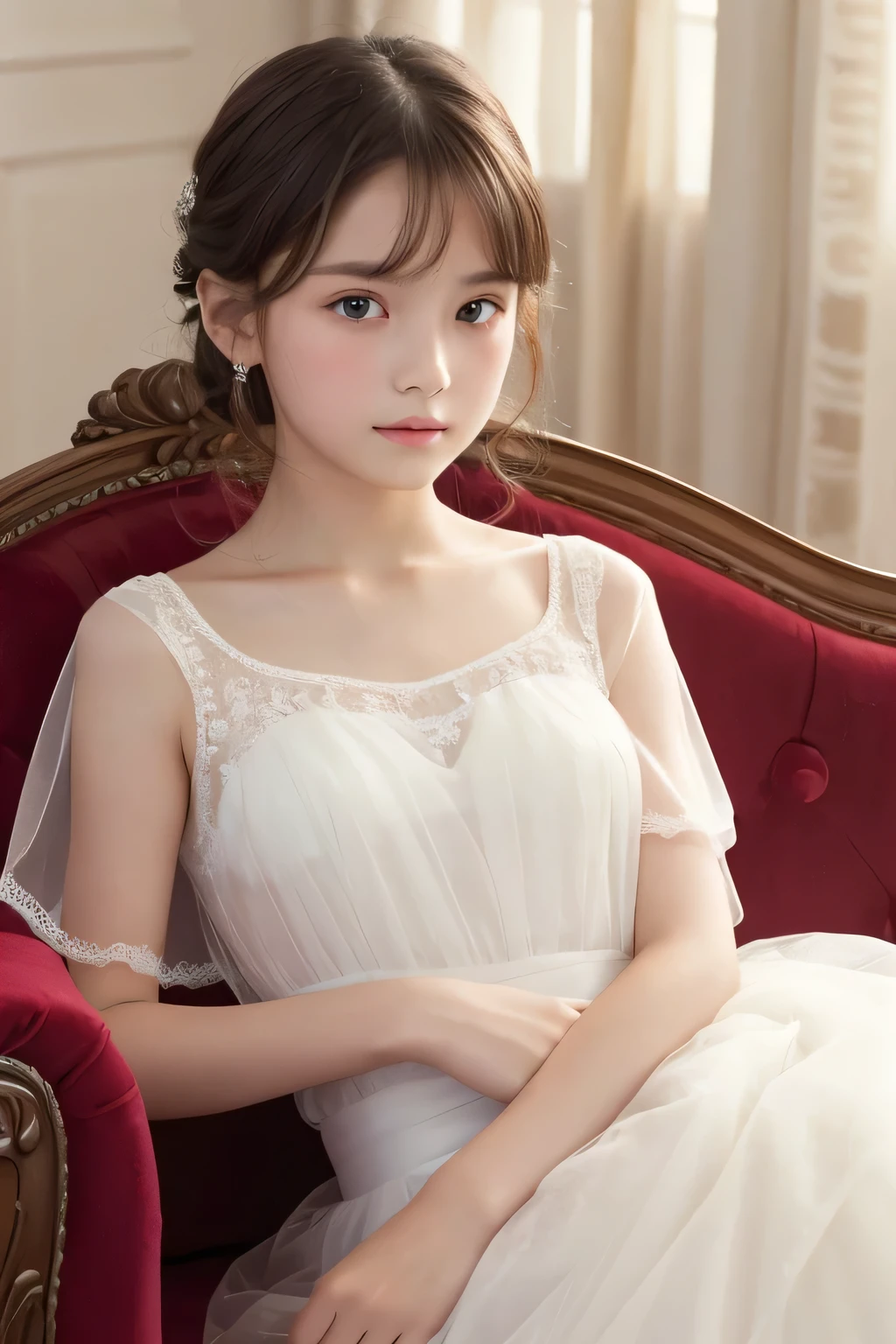 ((highest quality)), ((Photo quality)), (detailed), Perfect Face，White skin，11 years old，Sheer dress,delicate,sofa