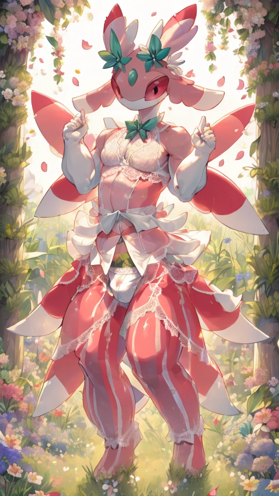 one person、male、maleの体格、lurantis(pokemon)、masterpiece、highest quality、(((Revealing white lace underwear)))、bra with ribbon、Grassland Background、Shy pose、Big ribbon on the waist、Idol costume with ribbons and frills、In the flower garden、Dance of Petals