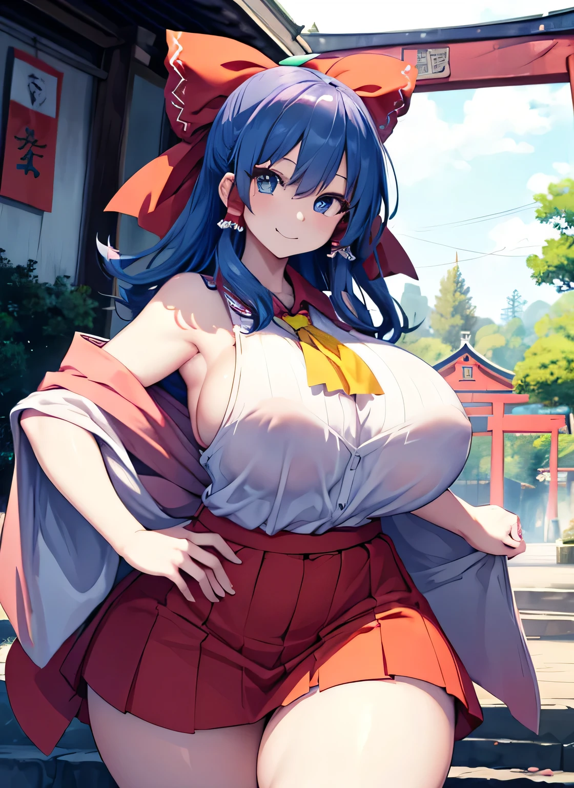 Anime illustration、highest quality、Reimu Hakurei、Perfect proportions、Large-scale shrine、Large Torii Gate、overwhelmingly big breasts、very thick thighs、Beautiful, shining eyes、Cowboy Shot、smile、Noise Reduction