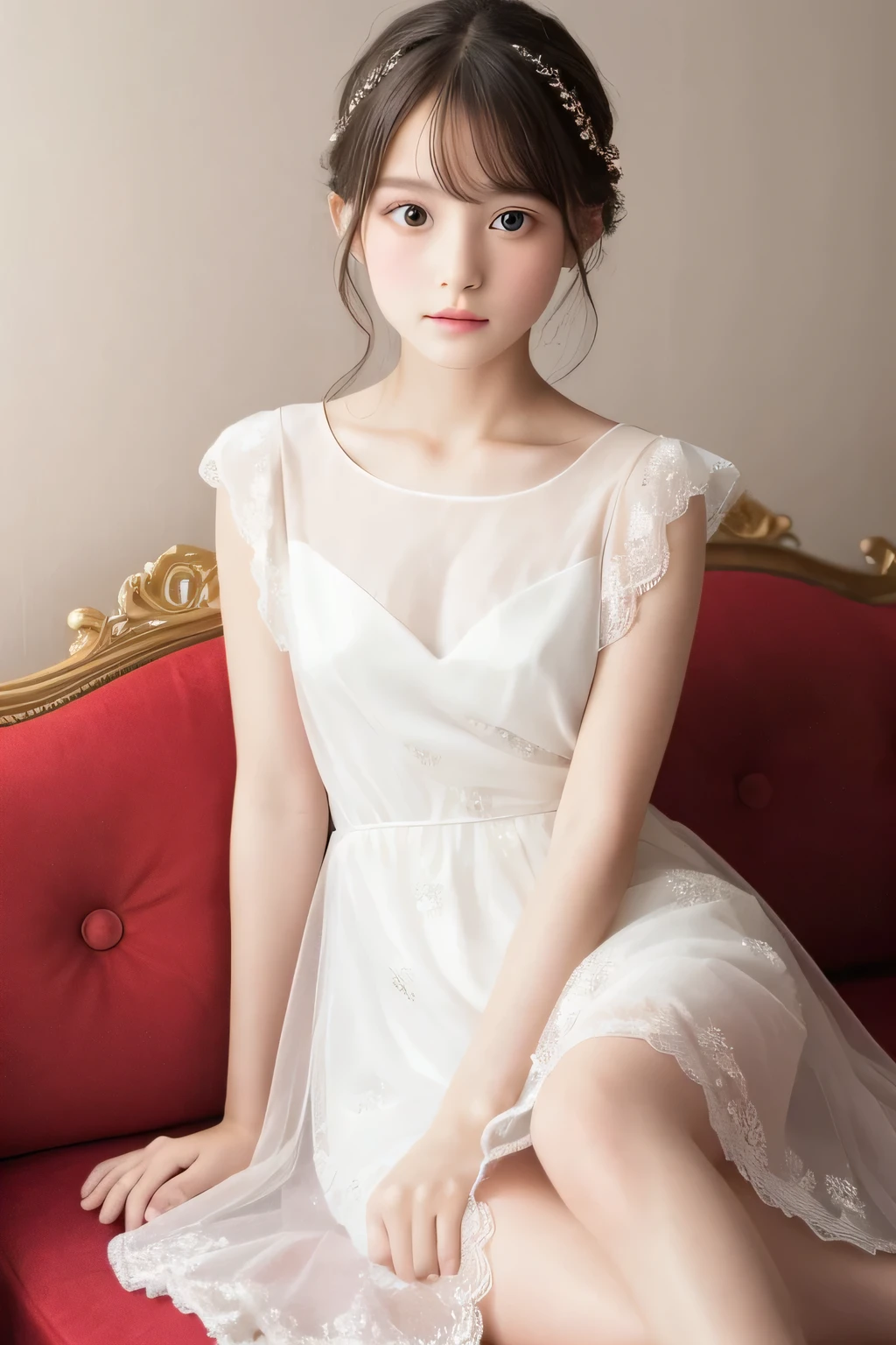 A woman sitting on a red couch wearing a white dress - SeaArt AI