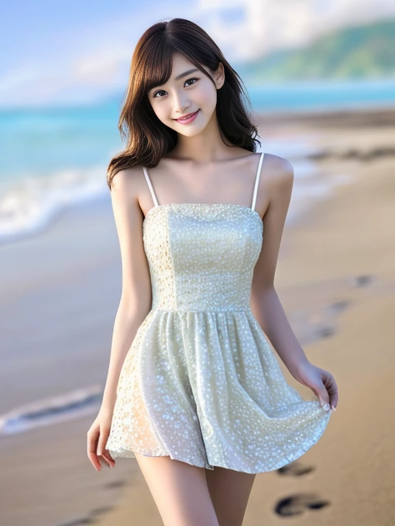 Photo-realistic quality、Woman in a dress on the beach Beautiful１８Japan  old woman, Cute young woman, Beautiful girl model, Beautiful idol, looking at the camera、 Beautiful young Japanese woman,   Young and pretty girl, Cute Smile、looking at the camera、A soft and gentle look、Detailed and beautiful eyes、Elegant mouth、Small Mouth