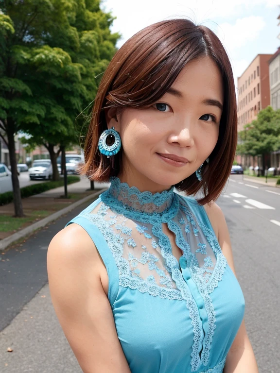 a woman posing on the street corner with light Blue clothes on, highest quality, High resolution, 8k, 1peopleの女の子, Day, bright, Outdoor, (street:0.8), (people々, crowd:1), (lace trim dress:1.5, Light blue clothes:1.5, Blue High Neck Dress:1.5, Sleeveless dress, Blue clothes: 1.5), nice, (amount, Medium Hair), Beautifully detailed skies, Beautiful earrings, (Dynamic pose:0.8), (Upper Body:1.2), Soft lighting, Wind, Shiny skin, View your viewers, pain,pained expression,  