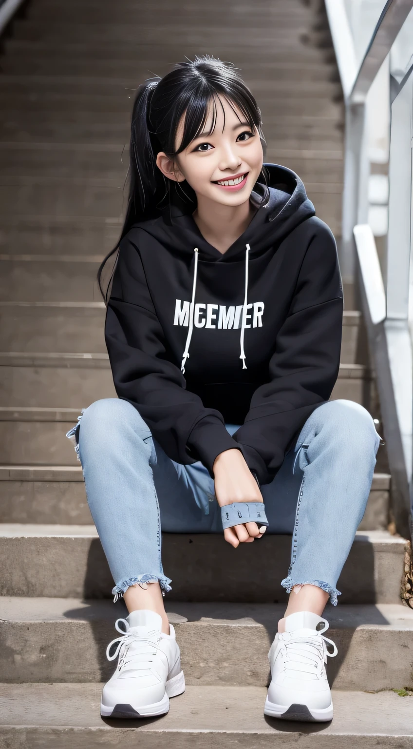highest quality, Realistic, Very detailed, Finer details, High resolution, 8k wallpaper, One beautiful woman,Sit on the stairs、(Wear black socks)smile、(Beautiful teeth alignment、)(Gums are visible) Oversized hoodie, Skinny jeans,( Black sneakers)、Black Hair、 Beautiful Bangs、ear piercing、Perfect dynamic composition, Beautiful and detailed, Full Body Shot, A big smile