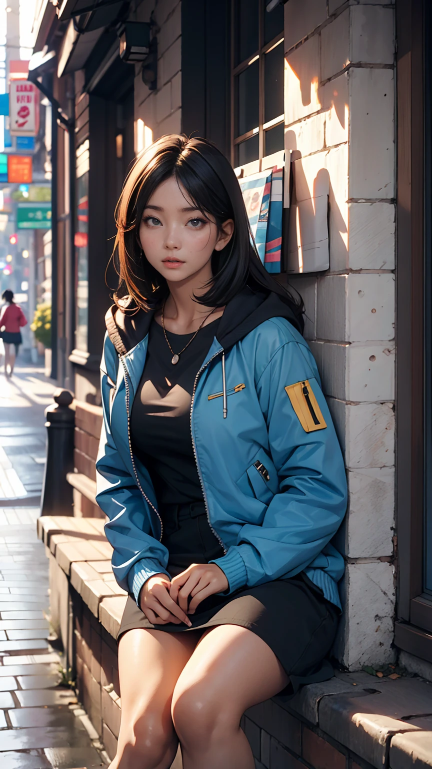 Asian woman in a blue jacket leaning against a wall, Side light