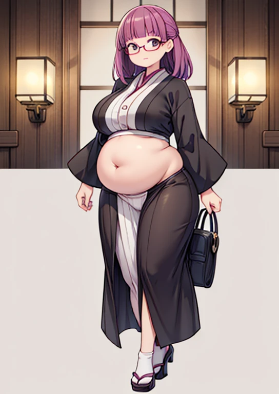 (masterpiece, best quality, highly detailed), 1girls, big belly, huge belly, art by kipteitei, round belly, chubby, curvy, belly grab, enormous belly, fat belly, thicc, bigger belly, really big belly, jiggly belly, glasses, japanese traditional clothes, tight breasts, ((long legs, tall)), high heels, smug face, ((full body)), (dominant)
