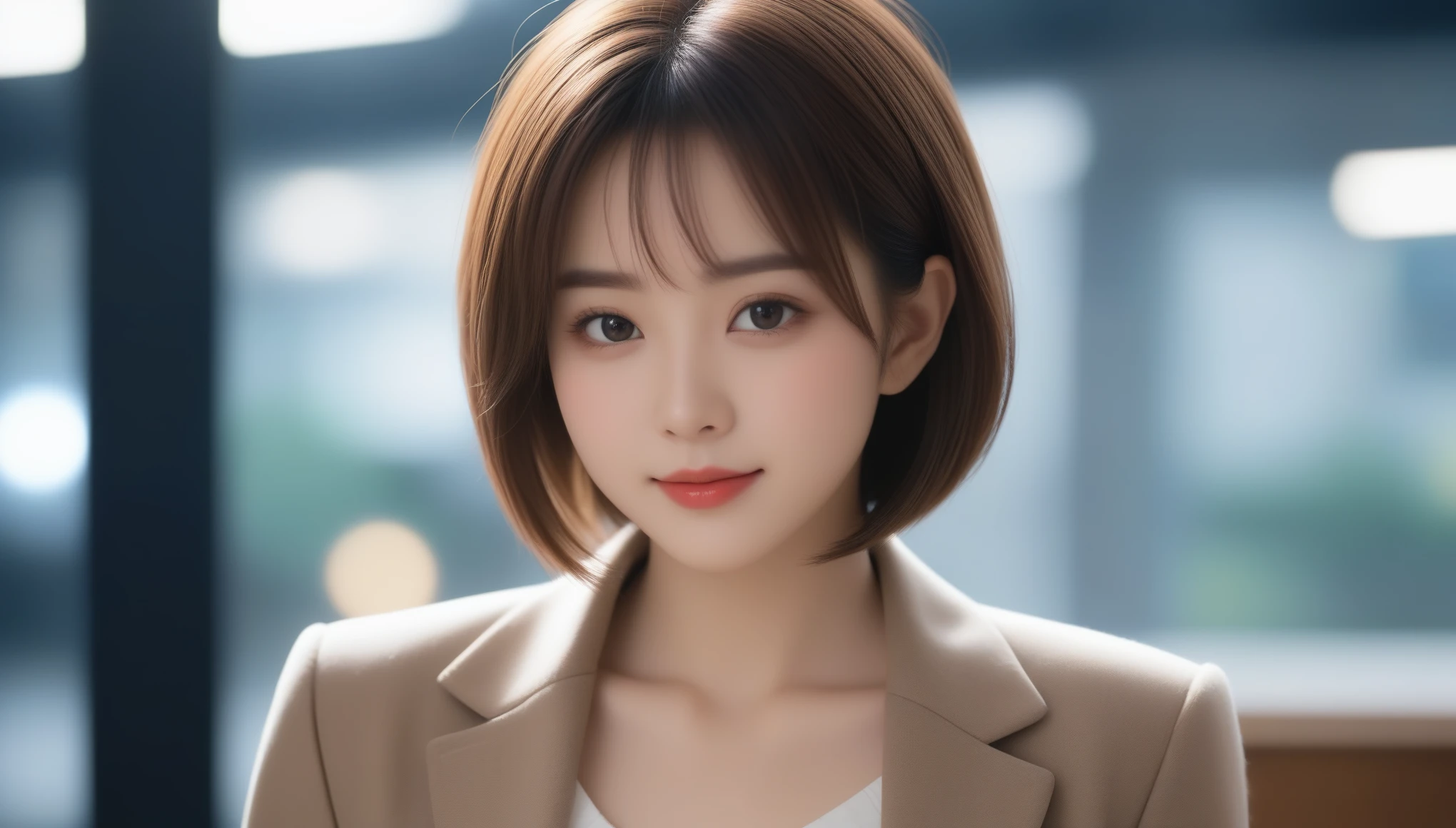 quality, Realistic, 非常にdetailed, finely, High resolution, 8k wallpaper, Cinema Lighting、1 person、Beautiful Japanese Women、30 years old、light brown straight bob hair, Wear a business suit, (Blurred Background、Station platform、noon、Light of the sun)、Sharp focus, Perfect dynamic composition, Narrow eyes:1.5, finelyて美しい目, Thin Hair, Detailed and Realistic skin texture, ((Sweat, blush, Open your mouth:1.3)), (Tilt your head), Close-up portrait, Model Body Type,Look at the audience、beauty,Long neck、Smile a little、Please close your mouth and laugh、(((Ideal body proportions))),A cup small breasts :2,Portraiture:2、Perfect Anatomy、Vivid details、detailed、超Realisticな、Light and shadow,Strong light,Fashion magazine cover,Thin lips