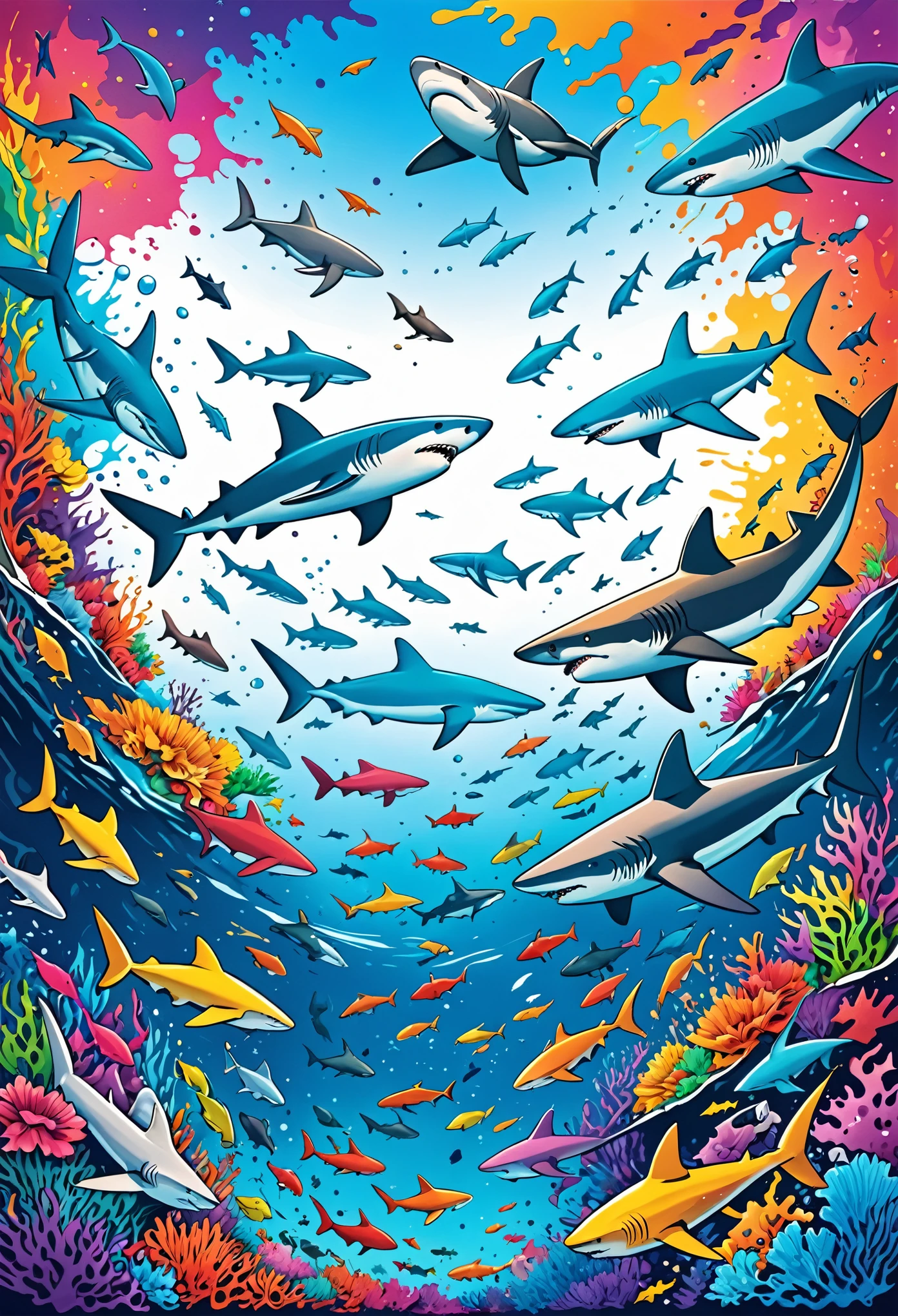 Vector Art, Colorful illustration with many sharks, In the center, Vibrant colors, Paint splatters and stains, High Detail, Underwater swimming background