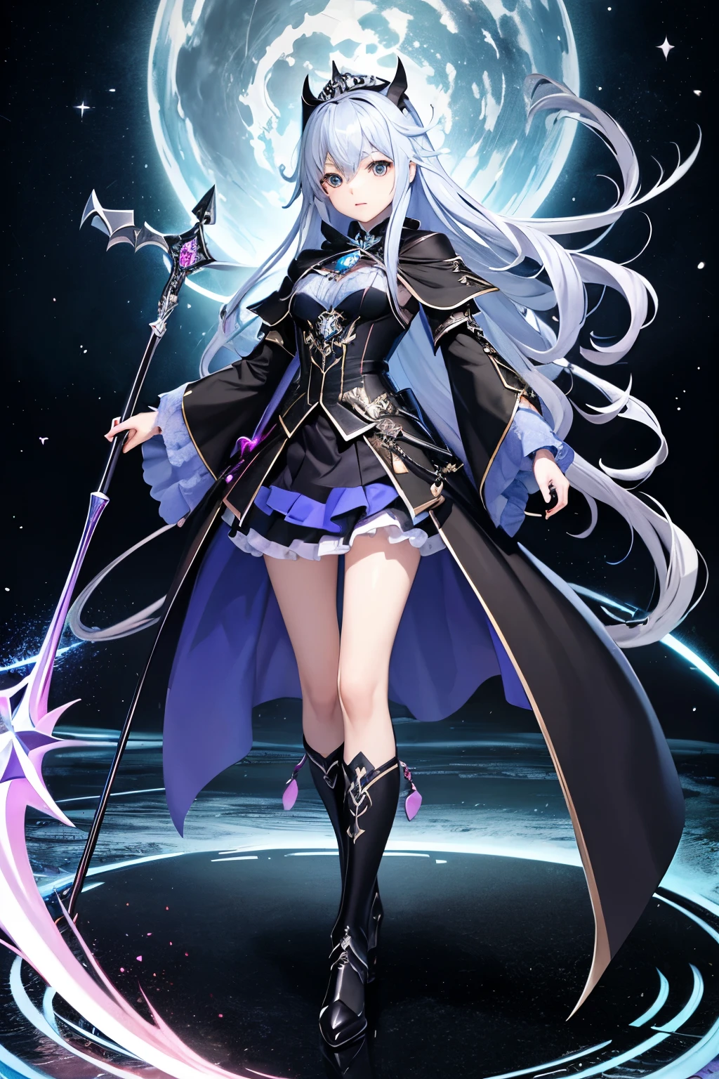 （（（highest quality、first-class、masterpiece、Normal body、8k、Detailed face、Ultra-precision、Normal hand、Normal finger、５Finger、）））Blue and silver hair、Princess、Black Dress、Black Skirt、Ridiculous Costumes、Shiny Tiara、Metal Boots、Death Scythe、Dark Scythe、Grim Reaper、grim Reaper、Colorful Magic Light、magic cirlcle、Order and Chaoyth、Collapsed galaxy、Dimensional Destruction、Crimson Flare、Paradox