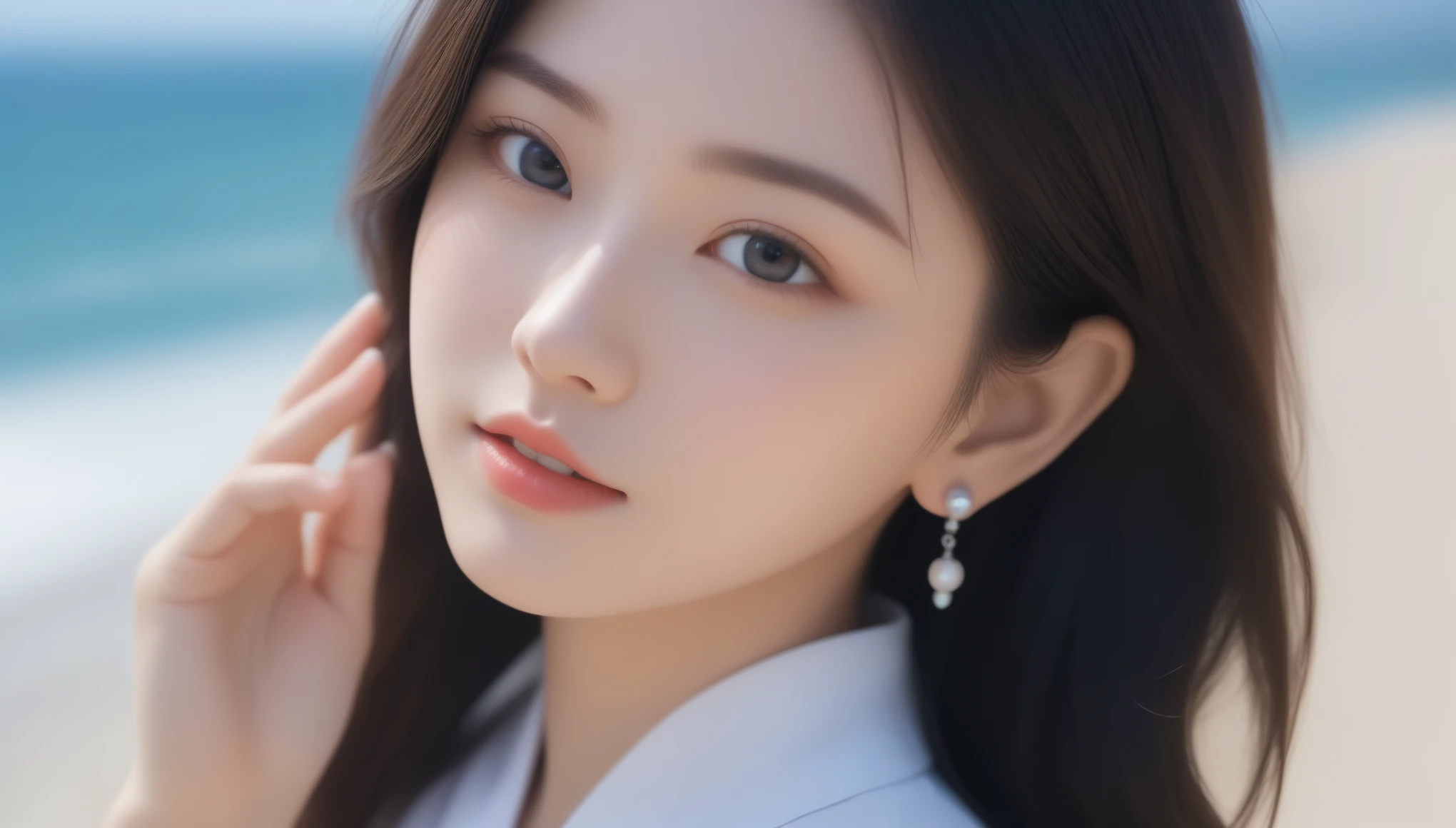 8K, Ultra-high resolution, 最high quality, masterpiece, Surreal, photograph, 1 girl, (16 years old:1.3), pretty girl, Cute face, 細部まで美しいeye, Japan Female Announcer、intellectual,(logo、masterpiece、8k、Tabletop、RAWphotograph、wonderful、最high quality、Photorealistic and 非常にdetailed CG integrated 8k wallpaper、high quality、非常にdetailed、Narrative poem、Particle Effects、Dynamic Effects、Written boundary depth、Cinematic Light、Lens flare、Ray Tracing)、Fantasy、 (One beautiful woman、White pants、White T-shirt、White tube top、White crop top、Black-haired、Beautiful Face、True Face、Beautiful details、eye、Beautiful Skin、Ultimate Body、glamorous)、私の髪はWindに舞う、Hair flutters in Wind、Hair bounces、Seaside、wonderful景色、Coastal、sunrise、Sun in the background、Wind、Beach,((カメラeye線のセクシーなショット))、???? pose、See through 、Look at the audience、beauty,Long neck、Smile a little、Please close your mouth and laugh、(((Ideal body proportions))),A cup small ??????? :2,Portraiture:2、Perfect ???????、Vivid details、detailed、Surreal、Light and shadow,Strong light,Fashion magazine cover,Thin lips