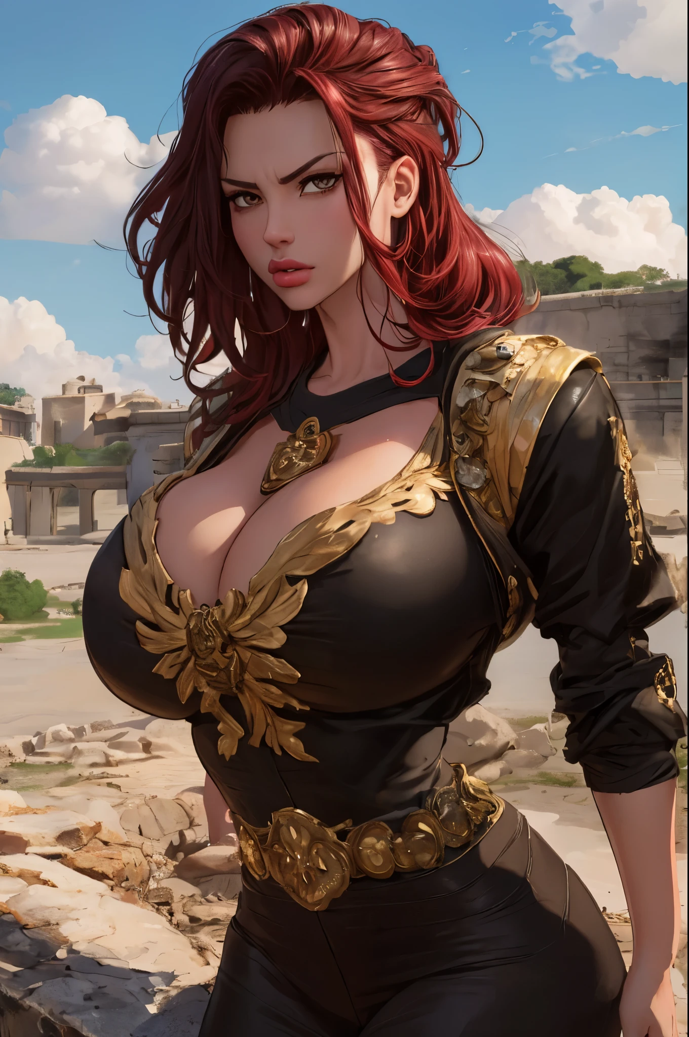 Girl with wavy red hair and rebellious, ((hair slicked back)), (angry eyes), ((dark circles around eyes)), golden eyes and tanned skin, ancient roman pirate style clothes, (gigantic breasts), background with clouds, realistic manhwa style.