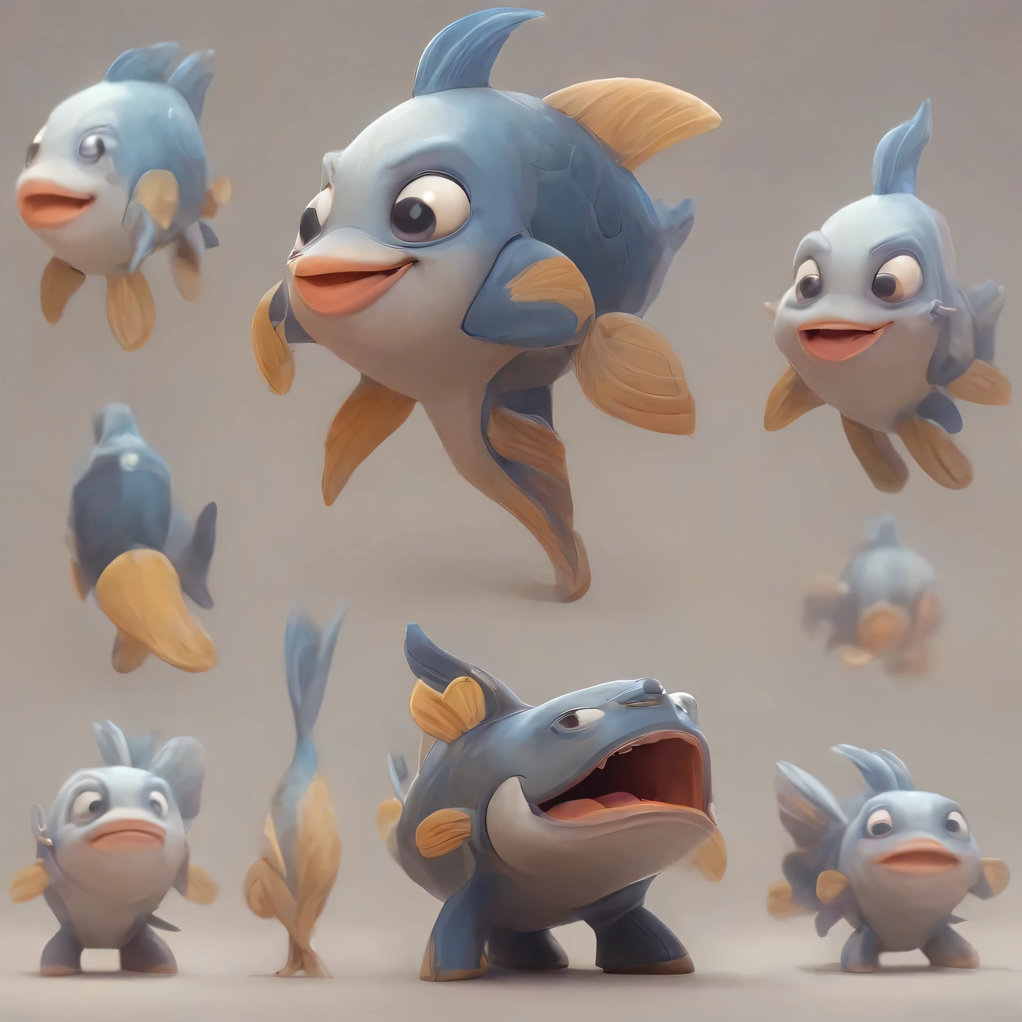 Character sheet of a cartoon fish character , golden colour or blue and white , big ,soft , full body turn around ,big expressive eyes