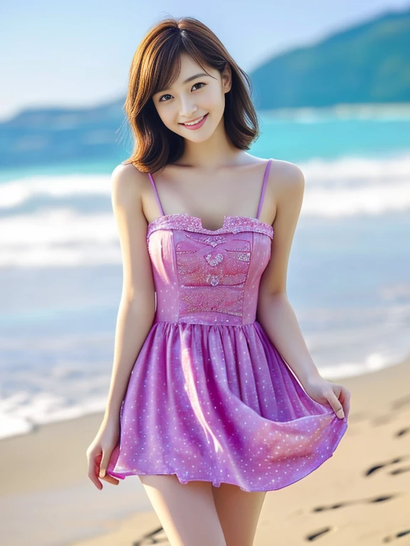 Photo-realistic quality、A woman in a sheer dress on the beach Beautiful１８Japan  old woman, Cute young woman, Beautiful girl model, Beautiful idol, looking at the camera、 Beautiful young Japanese woman,   Young and pretty girl, Cute Smile、Slightly larger breasts、Cleavage、looking at the camera、A soft and gentle look、Detailed and beautiful eyes、Elegant mouth、Small Mouth