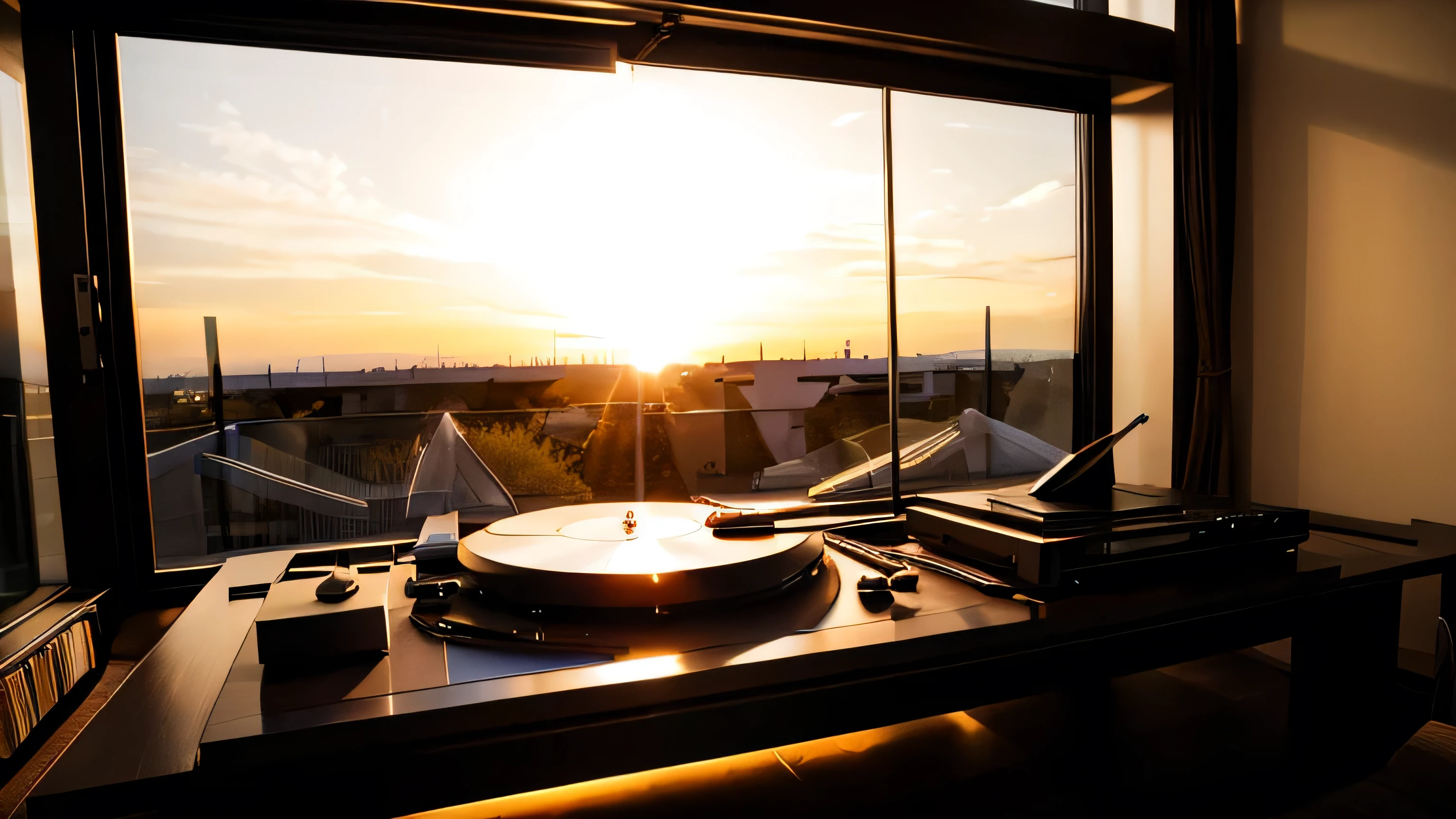 Record player and bouquet、The sunset is shining