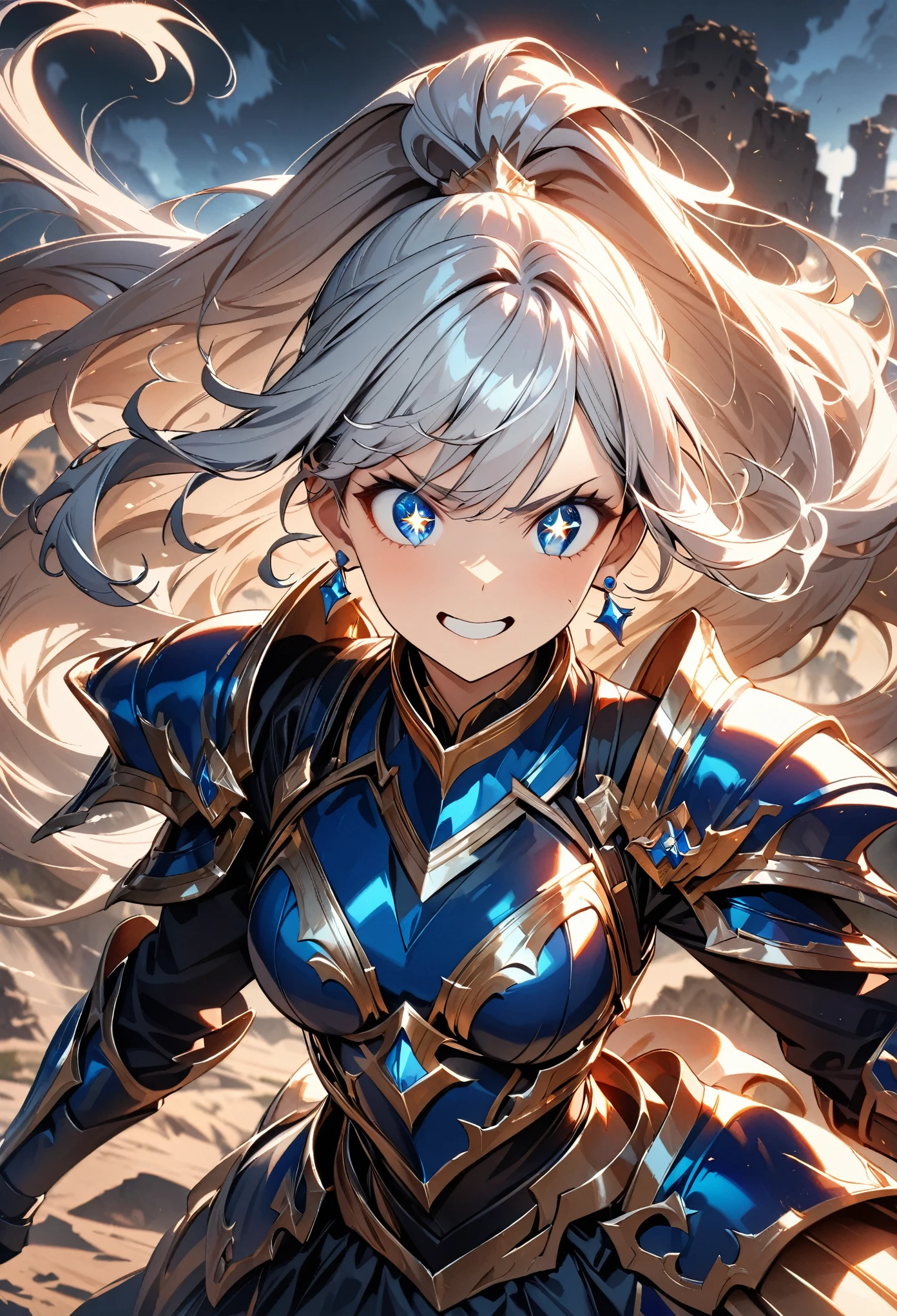 (highest quality:1.2, Very detailed, Latest, Vibrant, Ultra-high resolution, High Contrast, masterpiece:1.2, highest quality, Best aesthetics), (((1 girl))), Woman wielding a large sword, Luxurious Armor, Flowing Hair, Intense expression, Intense battle scenes, Dramatic lighting, Bright colors, Powerful strokes, Silver Hair, High ponytail, Wavy Hair, blue eyes, jewelry, Earrings, (((Detailed Eye Expression:1.2, Beautiful Skin, Detailed facial expressions))), Flowing Hair, (crazy smile, sparkling eyes), Heroic figures, Detailed armor and weapons, Dynamic pose, War-torn landscape background