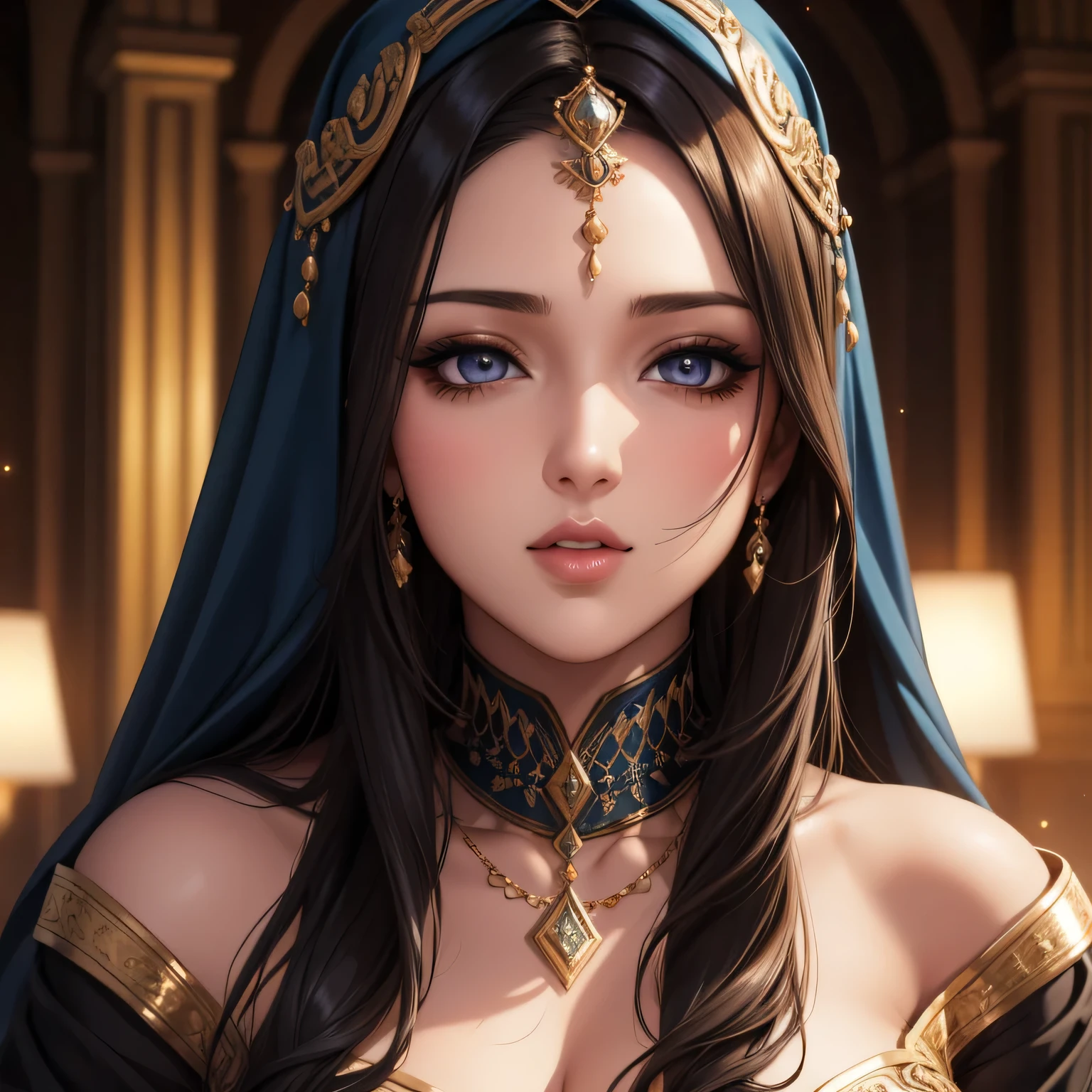Amazing portrait,sexy Arabian woman,beautiful face,black cloth,head and face covered,eyes showcased,seductive eyes,sultry pose,medium:oil painting,detailed eyes,luscious lips,exquisite facial features,soft and glowing skin,fine lines and textures,flowing dark hair,feminine and elegant attire,unique jewelry,delicate patterns,rich colors and contrasts,Ancient Middle Eastern setting,mysterious and captivating atmosphere,HDR lighting,ultra-detailed,photo-realistic,professional,vivid colors,bokeh