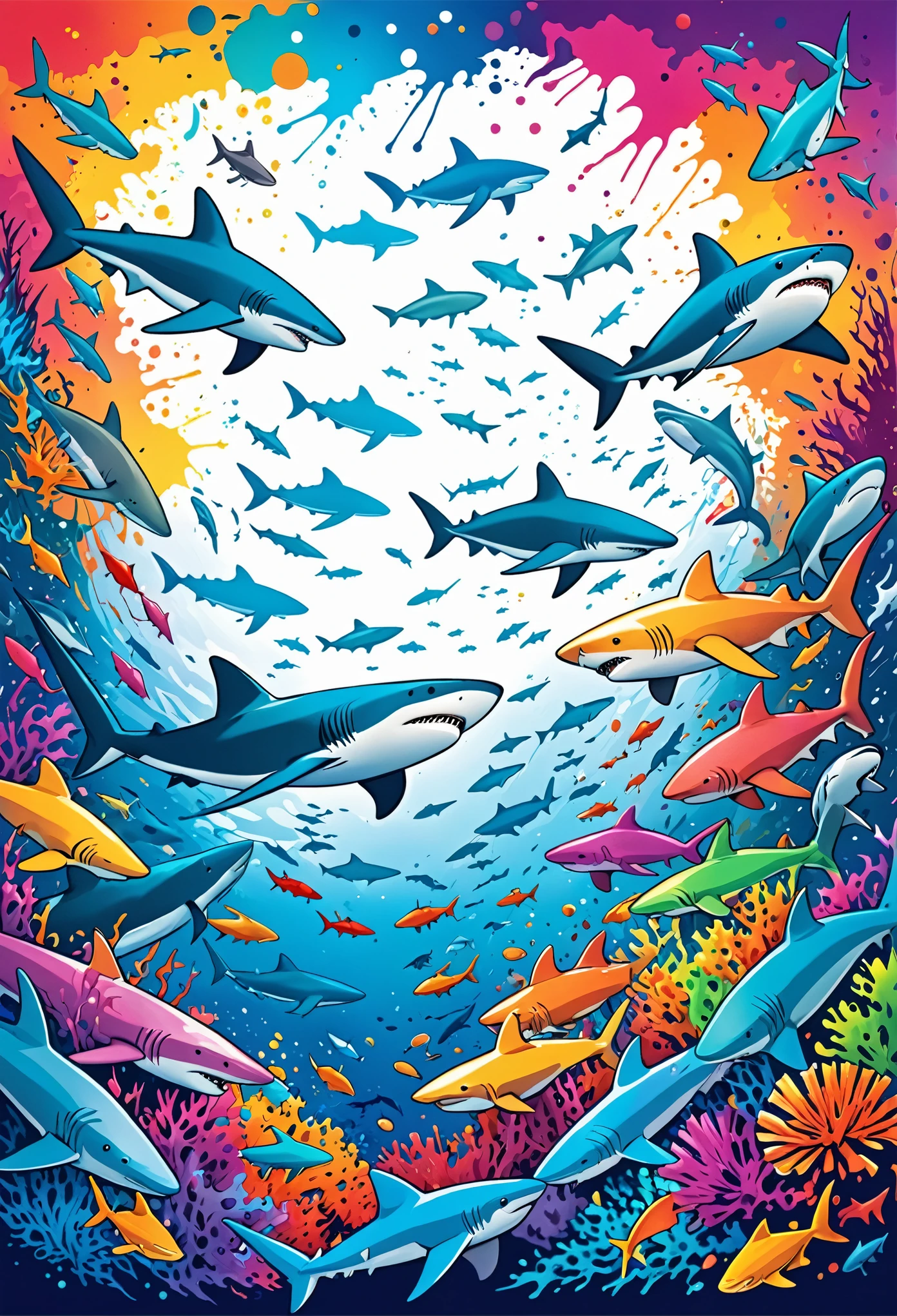 Vector Art, Colorful illustration with many sharks, In the center, Vibrant colors, Paint splatters and stains, High Detail, Underwater swimming background

