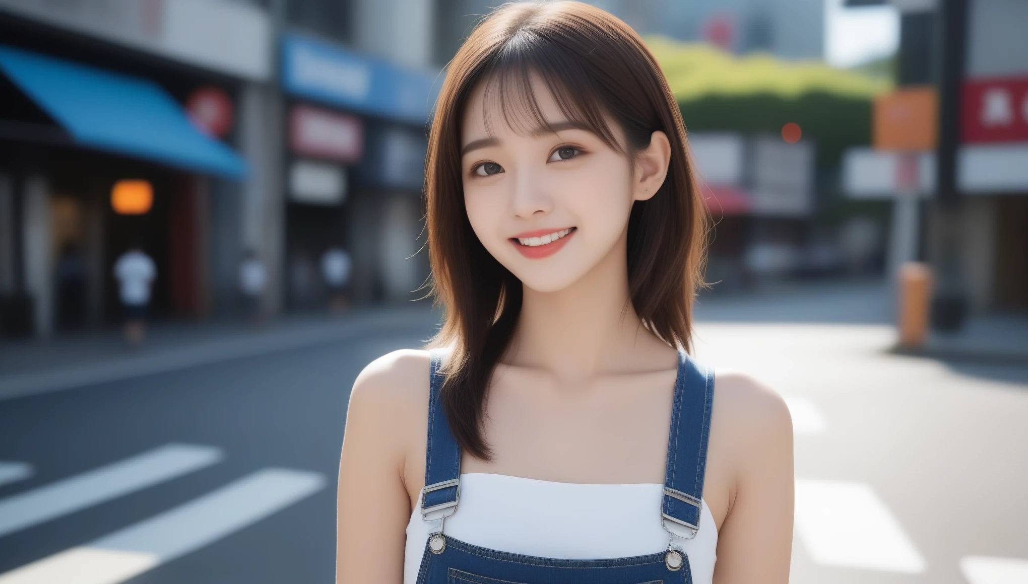 8K, Ultra-high resolution, highest quality, masterpiece, Surreal, photograph, 1 girl, (16 years old:1.3), pretty girl, Cute face, Beautiful eyes in every detail, Japan Female Announcer、Across the road 、pedestrian crossing,smile,Overalls,sneakers,Short Bob,Look at the audience、beauty,Long neck、Smile a little、Please close your mouth and laugh、(((Ideal body proportions))),A cup small breasts :2,Portraiture:2、Perfect ???????、Vivid details、detailed、Surreal、Light and shadow,Strong light,Fashion magazine cover,Thin lips