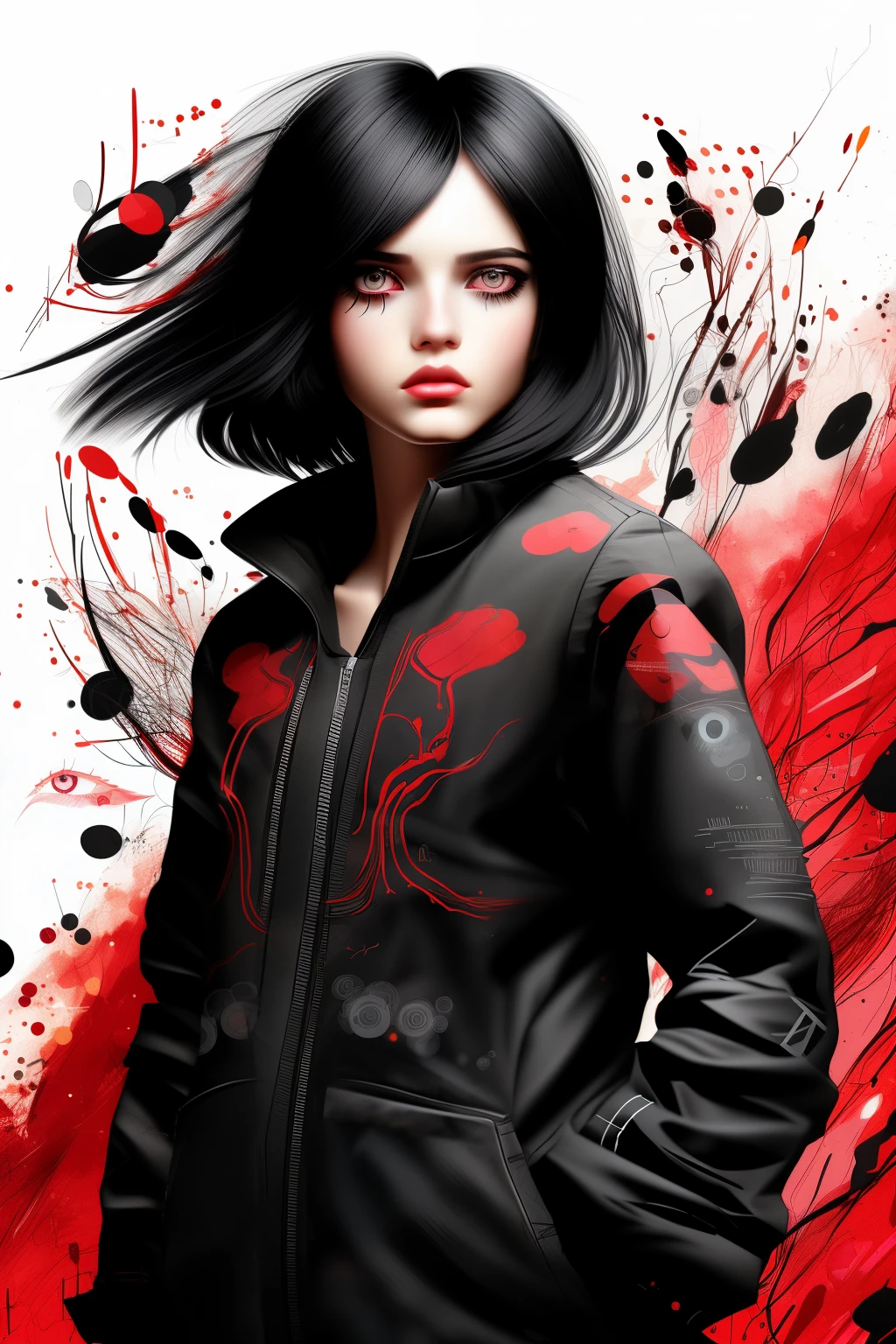 One Girl high precision eyes Transparent eyes Medium Hair Black Hair Red eyeshadow cute An illustration 8K