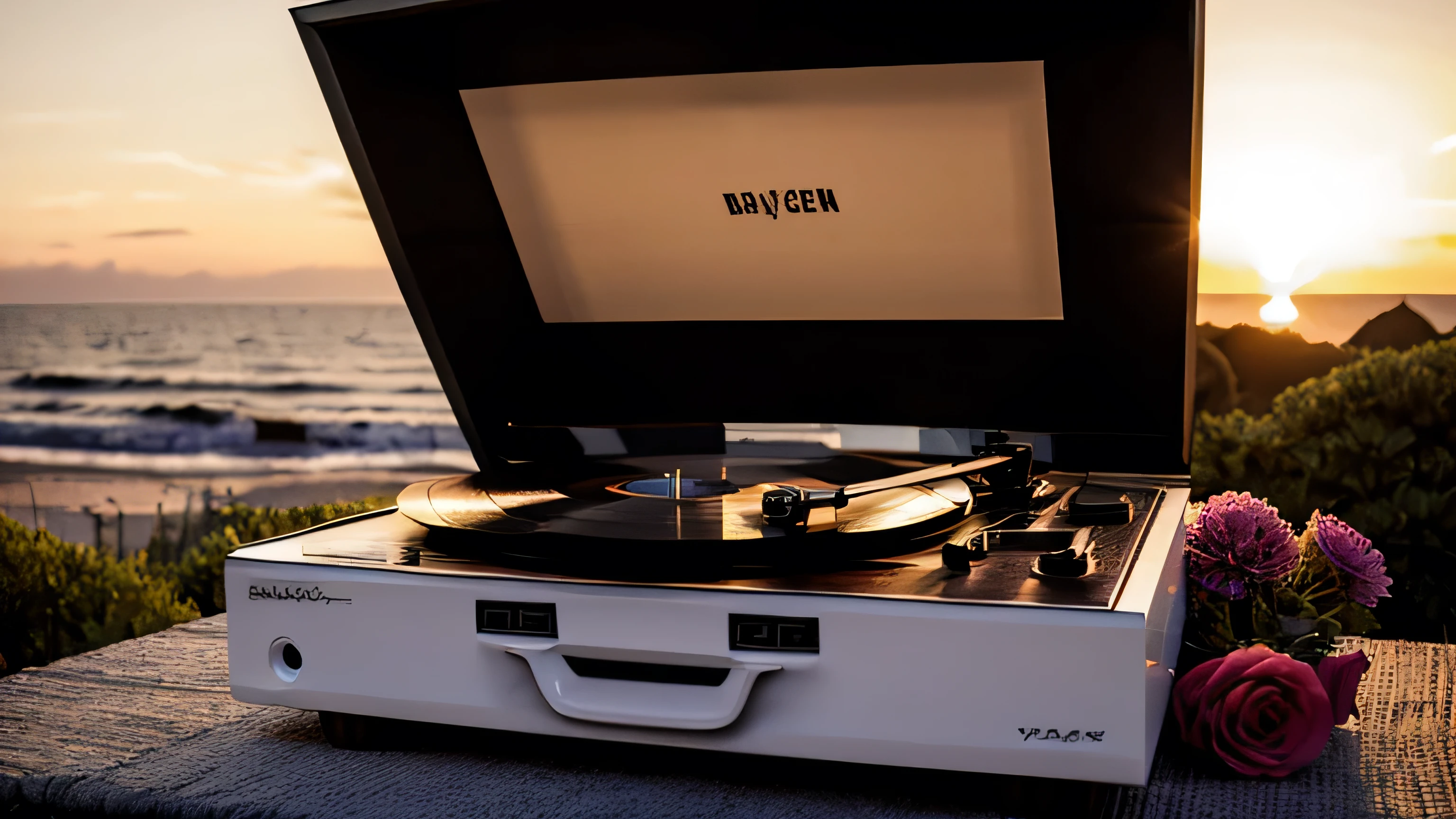 Record player and bouquet、The sunset is shining