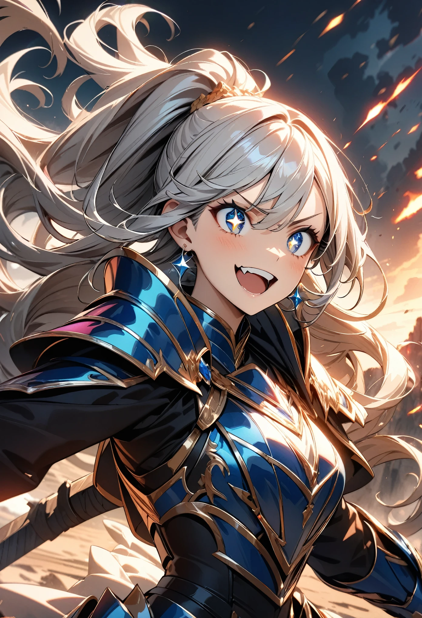 (highest quality:1.2, Very detailed, Latest, Vibrant, Ultra-high resolution, High Contrast, masterpiece:1.2, highest quality, Best aesthetics), (((1 girl))), Woman wielding a large sword, Luxurious Armor, Flowing Hair, Intense expression, Intense battle scenes, Dramatic lighting, Bright colors, Powerful strokes, Silver Hair, High ponytail, Wavy Hair, blue eyes, jewelry, Earrings, (((Detailed Eye Expression:1.2, Beautiful Skin, Detailed facial expressions))), Flowing Hair, (crazy smile, sparkling eyes), Heroic figures, Detailed armor and weapons, Dynamic pose, War-torn landscape background