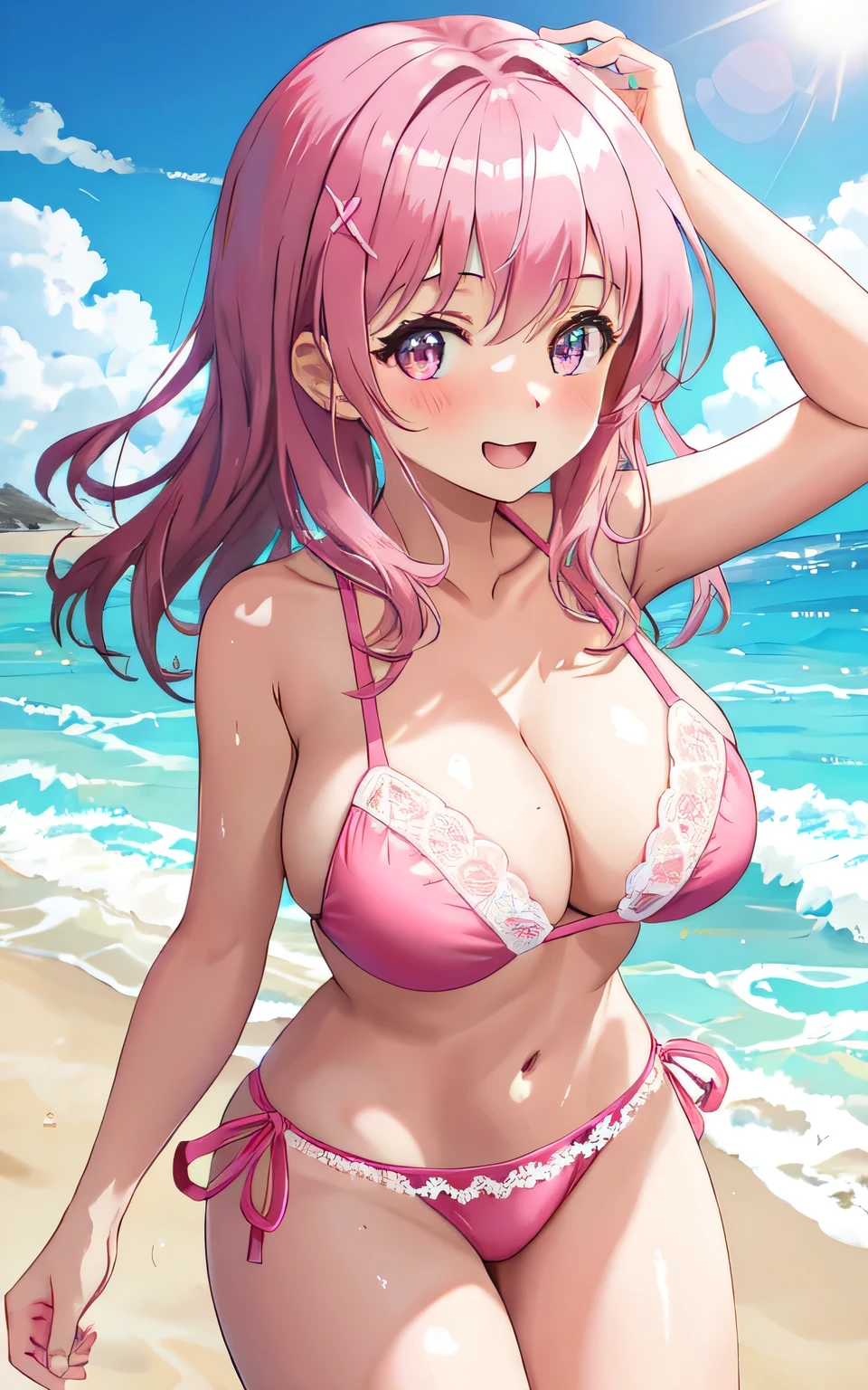 A 6--old l with big breasts in a pink lace bikini swimsuit on the beach