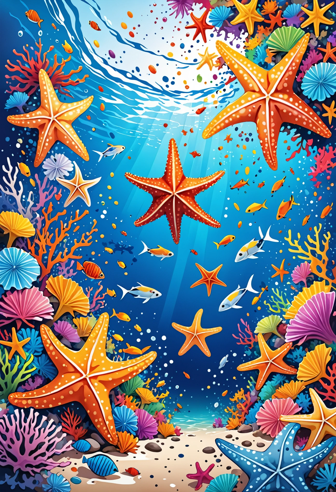 Vector Art, Colorful illustration with many starfishes, In the center, Vibrant colors, Paint splatters and stains, High Detail, Underwater swimming background