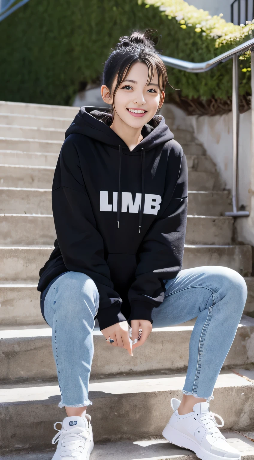 highest quality, Realistic, Very detailed, Finer details, High resolution, 8k wallpaper, One beautiful woman,Sit on the stairs、（Wear black socks）smile、（Beautiful teeth alignment、）（Gums are visible） Oversized hoodie, Skinny jeans,（ Black sneakers）、Black Hair、 Beautiful Bangs、ear piercing、Perfect dynamic composition, Beautiful and detailed, Full Body Shot, A big smile wearing colorful socks