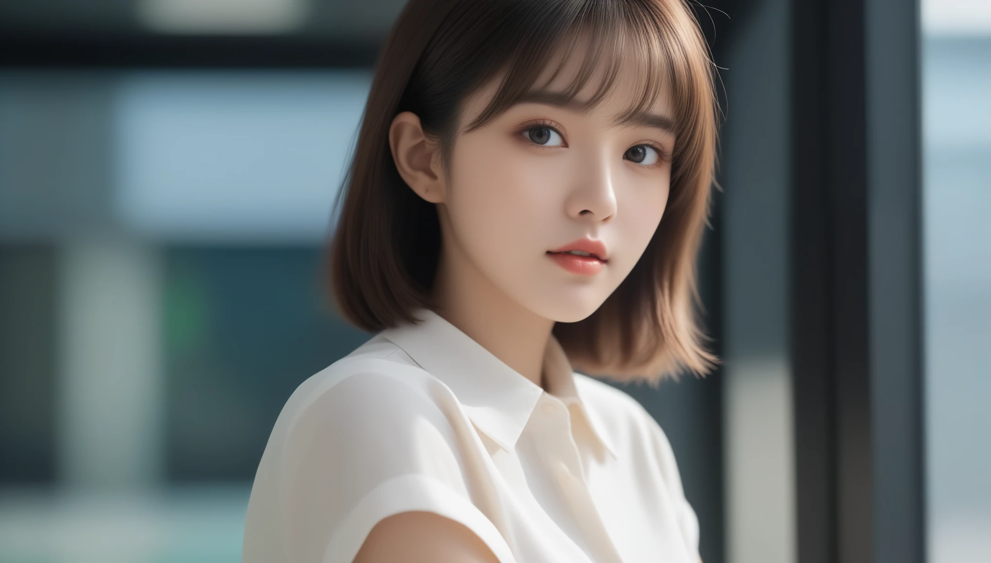 8K, 超High resolution, highest quality, masterpiece, Surreal, photograph,Three-part method, girl1名, (16 years old:1.3), かわいいgirl, Cute face, Beautiful eyes in every detail,Product quality, Upper Body Shot, Front view, Airport Cafe, girl, Young and beautiful Japan woman, Short Bob Hair, 超Cute face, glamorous, I wear a satin silk white shirt with short sleeves and long sleeves with a collar, Airport Cafeで笑顔いっぱい, Glossy Lips, Double eyelids on both eyes, Natural Makeup, Long eyelashes, Shiny and smooth light brown hair, Asymmetrical bangs, Sunburned skin, Center image, High resolution, Attention to detail, detailedな髪型, detailedな顔, Cinema Lighting, Surreal, Perfect body,,、((Thin legs))、Bold Pose,super cute super model、Please look closely at the camera 、Vivid details、detailed、Surreal、Light and shadow,Strong light,Fashion magazine cover,Thin lips