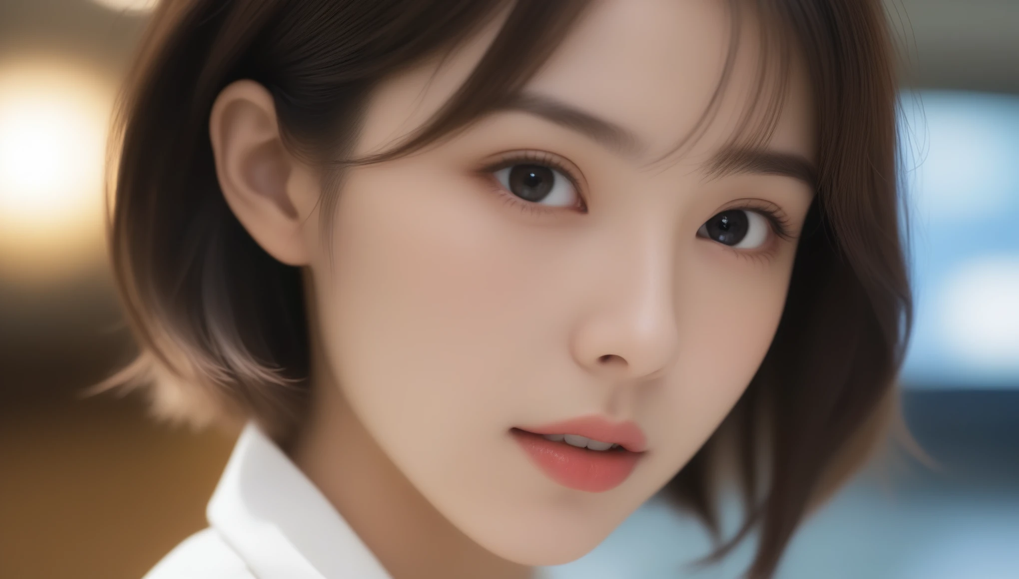 8K, 超High resolution, highest quality, masterpiece, Surreal, photograph,Three-part method, girl1名, (16 years old:1.3), かわいいgirl, Cute face, Beautiful eyes in every detail,Product quality, Upper Body Shot, Front view, Airport Cafe, girl, Young and beautiful Japan woman, Short Bob Hair, 超Cute face, glamorous, I wear a satin silk white shirt with short sleeves and long sleeves with a collar, Airport Cafeで笑顔いっぱい, Glossy Lips, Double eyelids on both eyes, Natural Makeup, Long eyelashes, Shiny and smooth light brown hair, Asymmetrical bangs, Sunburned skin, Center image, High resolution, Attention to detail, detailedな髪型, detailedな顔, Cinema Lighting, Surreal, Perfect body,,、((Thin legs))、Bold Pose,super cute super model、Please look closely at the camera 、Vivid details、detailed、Surreal、Light and shadow,Strong light,Fashion magazine cover,Thin lips