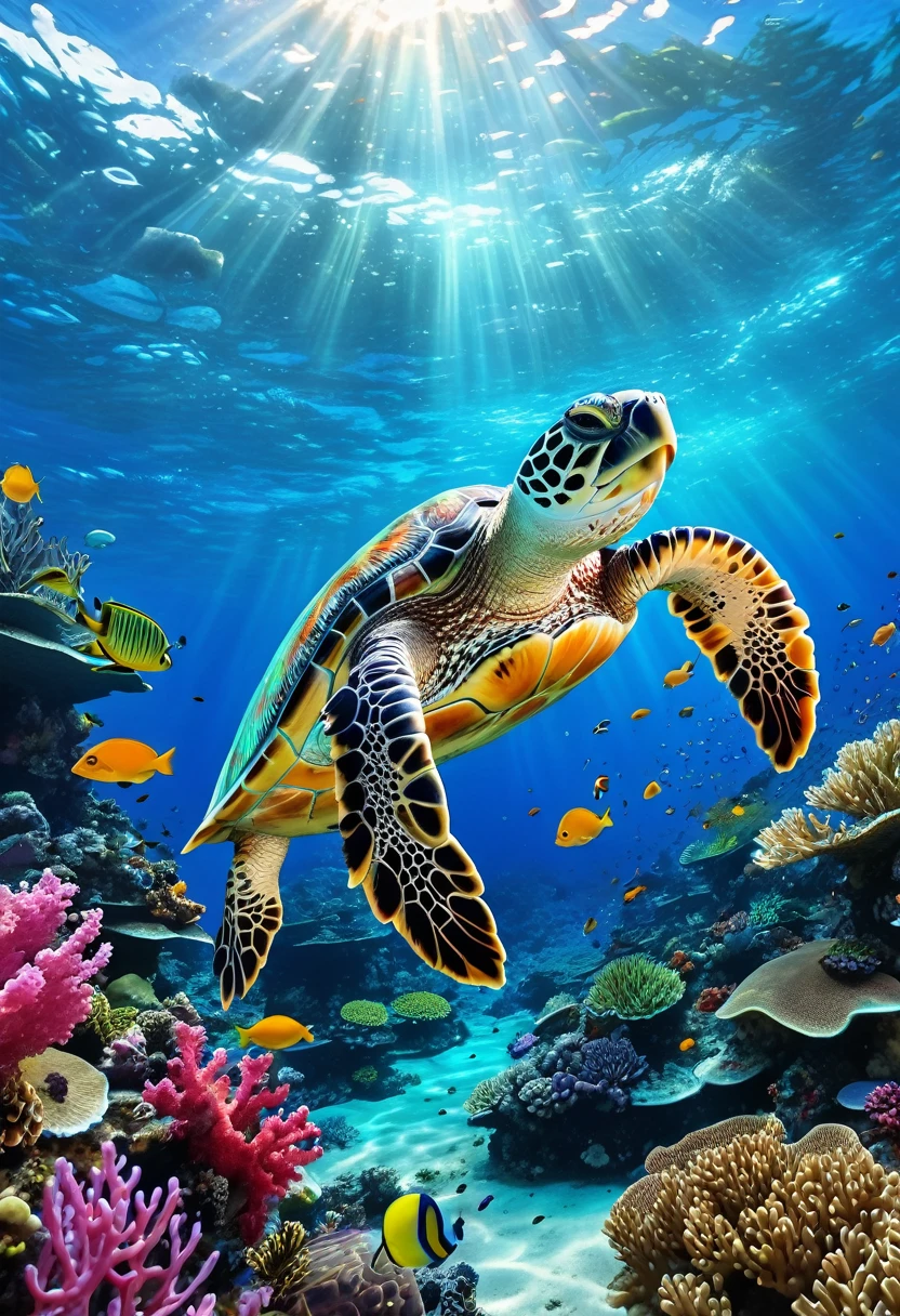 A picture of a turtle swimming among corals and fish in the ocean, tropical reef, Coral Reef, Amazing depth, Underwater world, Incredible depth, Detailed painting 4k, Coral Reefs, colorful Coral Reef, Highly Detailed 4K HD Wallpapers, Life in the water, Beautiful Art UHD 4K, tropical sea creatures, coral underwater colorful, Underwater Scene, masterpieceUnderwater Scene