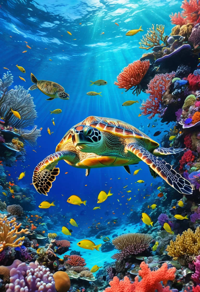 A picture of a turtle swimming among corals and fish in the ocean, tropical reef, Coral Reef, Amazing depth, Underwater world, Incredible depth, Detailed painting 4k, Coral Reefs, colorful Coral Reef, Highly Detailed 4K HD Wallpapers, Life in the water, Beautiful Art UHD 4K, tropical sea creatures, coral underwater colorful, Underwater Scene, masterpieceUnderwater Scene