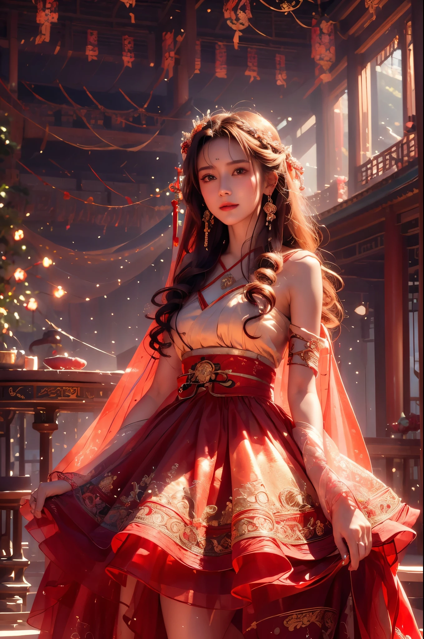 (photorealistic:1.4),Keep your eyes on the camera,Smile, ultra detailed, beautiful and aesthetic, masterpiece, best quality,lifelike rendering,Bokeh posture model, Unreal,(portrait of a cowboy shot:1), flamboyance, 1girl, see-through , upskirt,minghun, ( stochastic pose,stochastic action),tyndall effect, perfect lighting,detailed lighting,dramatic shadows, glowing, long hair, Around,hanfu, perfect ratio,hime cut,luxury, jewelry,ornate, bracelet, hairpin,embroidery,