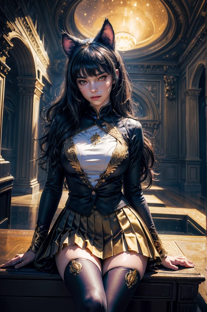 (masterpiece,stunning girlfriend, (standing:1.1), dynamic pose, heart shaped face, elegant face, beautiful face, highly detailed face, highly detailed skin, skin pores, subsurface scattering, realistic pupils, looking at viewer, full lips, detailed background, depth of field, atmospheric perspective, volumetric lighting, sharp focus, absurdres, realistic proportions, good anatomy, (realistic, hyperrealistic:1.4), 16k hdr, (masterpiece, best quality),  intricate details, 1girl,   blake_belladonna, gmuniform, pleated skirt, blue thighhighs,  black and gold uniform, sitting in gondola, venice, italy, night, stars, moon