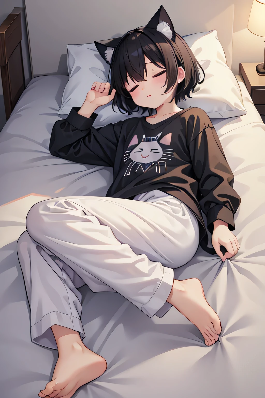 highest quality、Sleeping、bed、Cat ear、Short black hair、pajamas