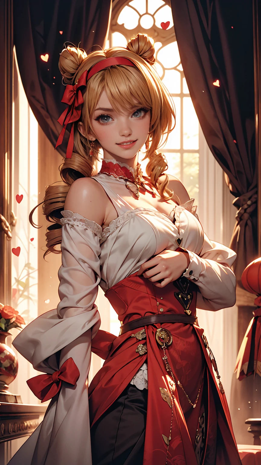 Drill Hair, curtained hair, Hair Bun, Big Hair, Medium Hair, Ribbon Hairband, Heart-shaped pupils, Raise your eyebrows, smile, Pursed lips, Surrealism, Renaissance, anime, anime style, Cinema Lighting, Depth of written boundary, God&#39;s Rays, Cast a Shadow, Fujicolor, First Person View, throw, Wide-angle, anime style, Surrealism, 超High resolution, retina, masterpiece, Accurate, Textured skin, Attention to detail, High resolution, 16k
