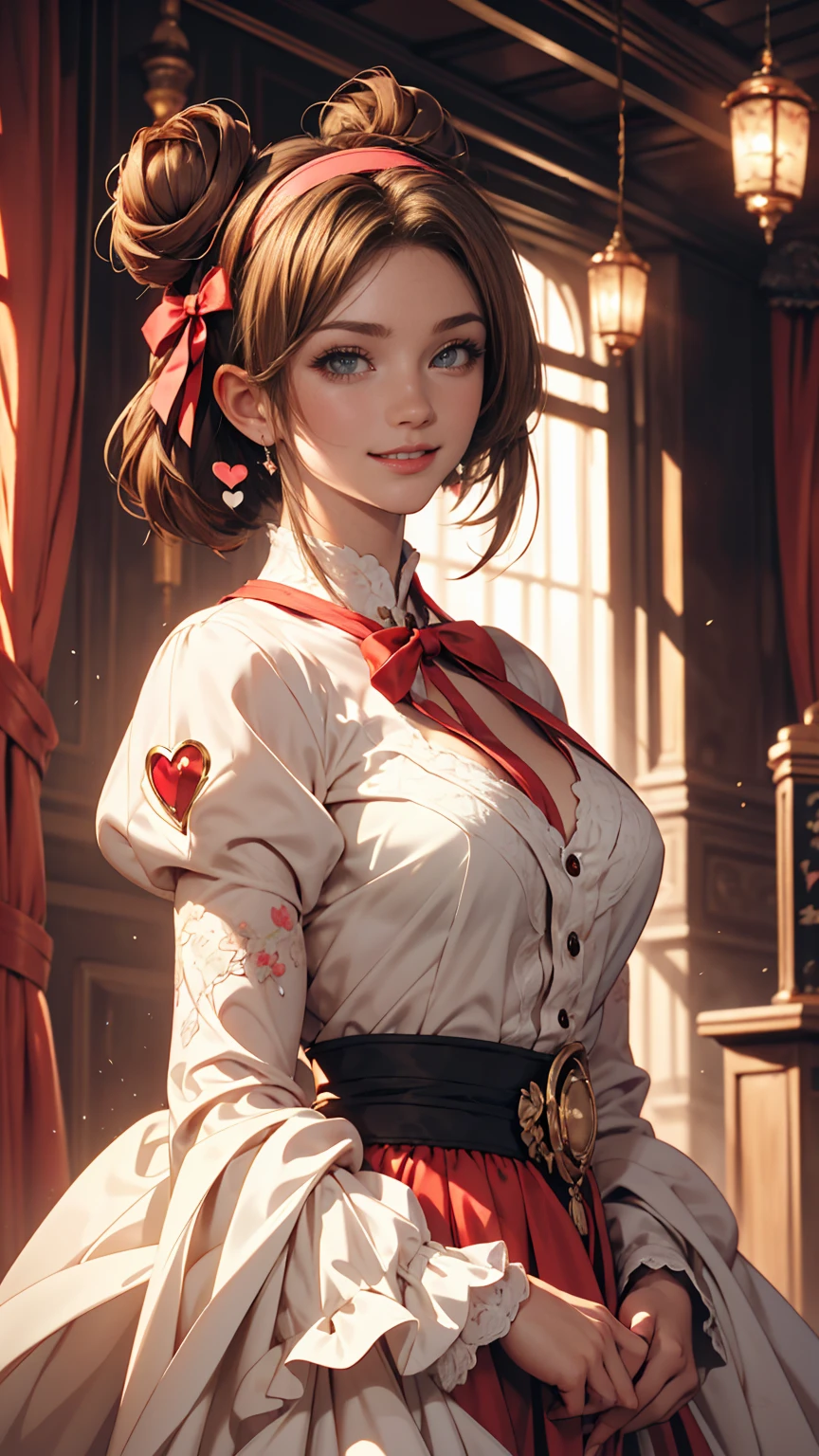 Drill Hair, curtained hair, Hair Bun, Big Hair, Medium Hair, Ribbon Hairband, Heart-shaped pupils, Raise your eyebrows, smile, Pursed lips, Surrealism, Renaissance, anime, anime style, Cinema Lighting, Depth of written boundary, God's Rays, Cast a Shadow, Fujicolor, First Person View, throw, Wide-angle, anime style, Surrealism, 超High resolution, retina, masterpiece, Accurate, Textured skin, Attention to detail, High resolution, 16k