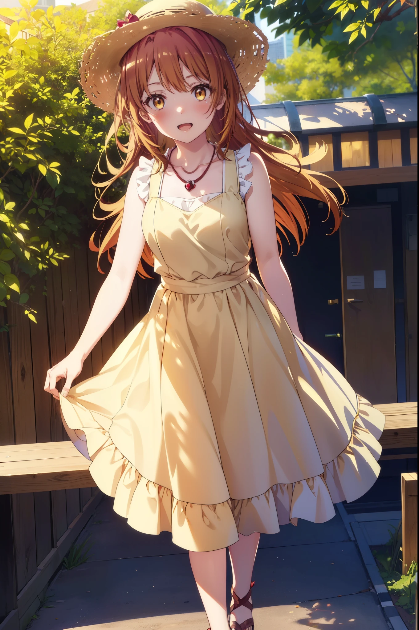 irohaisshiki, Isshiki Iroha, Long Hair, Brown Hair, (Brown ruby eyes:1.5), Sleeveless yellow dress,Yellow long skirt,Bare neck,Locket Necklace,Cute Sandals,Straw hat,happy smile, smile, Open your mouth,Daytime,Clear skies,True Summer,whole bodyがイラストに入るように,Walking,
break outdoors ,公園
break looking at viewer,whole body,
break (masterpiece:1.2), highest quality, High resolution, unity 8k wallpaper, (shape:0.8), (Beautiful and detailed:1.6), Highly detailed face, Perfect lighting, Highly detailed CG, (Perfect hands, Perfect Anatomy),