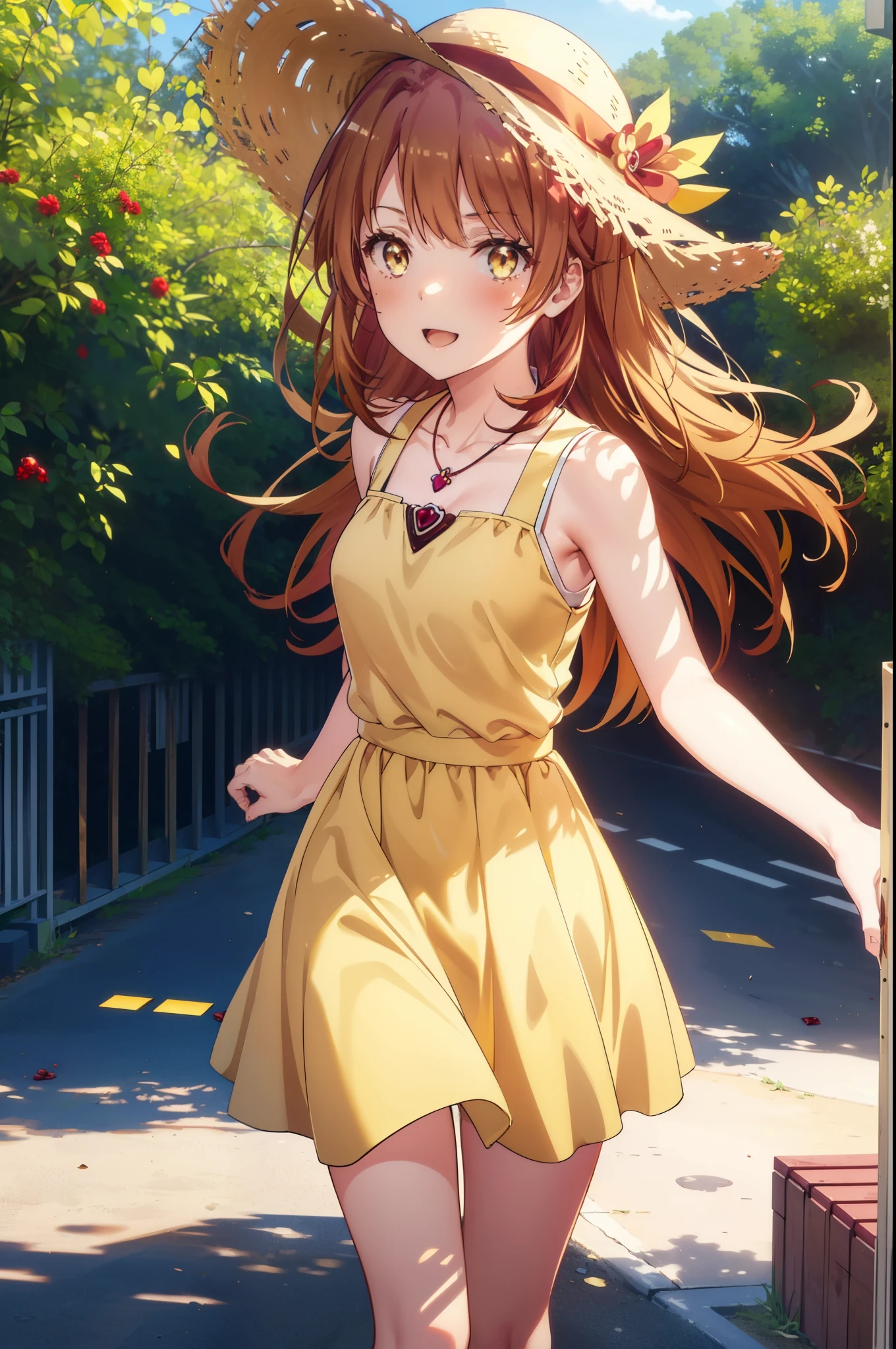 irohaisshiki, Isshiki Iroha, Long Hair, Brown Hair, (Brown ruby eyes:1.5), Sleeveless yellow dress,Yellow long skirt,Bare neck,Locket Necklace,Cute Sandals,Straw hat,happy smile, smile, Open your mouth,Daytime,Clear skies,True Summer,whole bodyがイラストに入るように,Walking,
break outdoors ,公園
break looking at viewer,whole body,
break (masterpiece:1.2), highest quality, High resolution, unity 8k wallpaper, (shape:0.8), (Beautiful and detailed:1.6), Highly detailed face, Perfect lighting, Highly detailed CG, (Perfect hands, Perfect Anatomy),