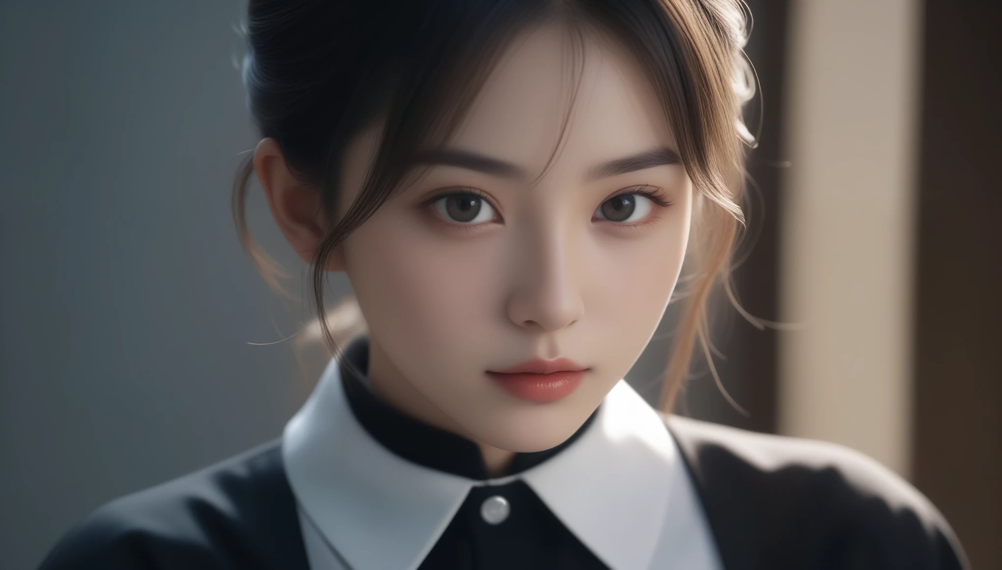 8K, 超High resolution, highest quality, masterpiece, Surreal, photograph, 1 girl, (:1.3), cute女の子, cuteface, Beautiful eyes in every detail, black silk dress、intellectual,(Gaziantep:1.5), close, masterpiece, highest quality, 生photograph, Realistic, face, Unbelievably absurd, beautiful girl, cute, Bun Hair, Depth of written boundary, High resolution, 超detailed, finely, 非常にdetailedな, 非常にdetailedな eyes and face, Sharp pupils, Realistic students, Sharp focus, Cinematic lighting、Depth of written boundary、Vivid details、detailed、Surreal、Light and shadow,Strong light,Fashion magazine cover,Thin lips