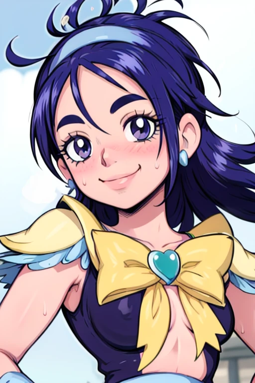 masterpiece, best quality, pretty cure, looking at viewer, very large breasts, upper body, portrait, looking at viewer, seductive smile,put your hands behind your head, armpits, armpits visible, sweaty armpits, long hair, blue hair,