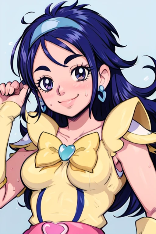 masterpiece, best quality, pretty cure, looking at viewer, very large breasts, upper body, portrait, looking at viewer, seductive smile,put your hands behind your head, armpits, armpits visible, sweaty armpits, long hair, blue hair,