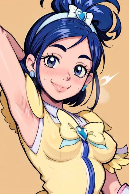 masterpiece, best quality, pretty cure, looking at viewer, very large breasts, upper body, portrait, looking at viewer, seductive smile,put your hands behind your head, armpits, armpits visible, sweaty armpits, long hair, blue hair,