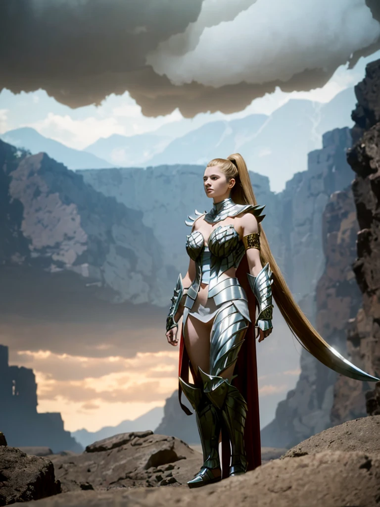 Create a high-quality image of a woman wearing full-body golden armor. She is depicted in a majestic pose, proudly standing amidst a grandiose backdrop. Her armor gleams with the brightness of gold, reflecting the sunlight streaming through the clouds. Her hair cascades over her shoulders, framing her determined and confident face. In her hands, she holds a sword or shield, ready to defend her cause with bravery. In the background, an epic landscape of towering mountains and a vast, infinite sky. This woman is a vision of power and nobility, a fearless leader ready to face any challenge that comes her way.